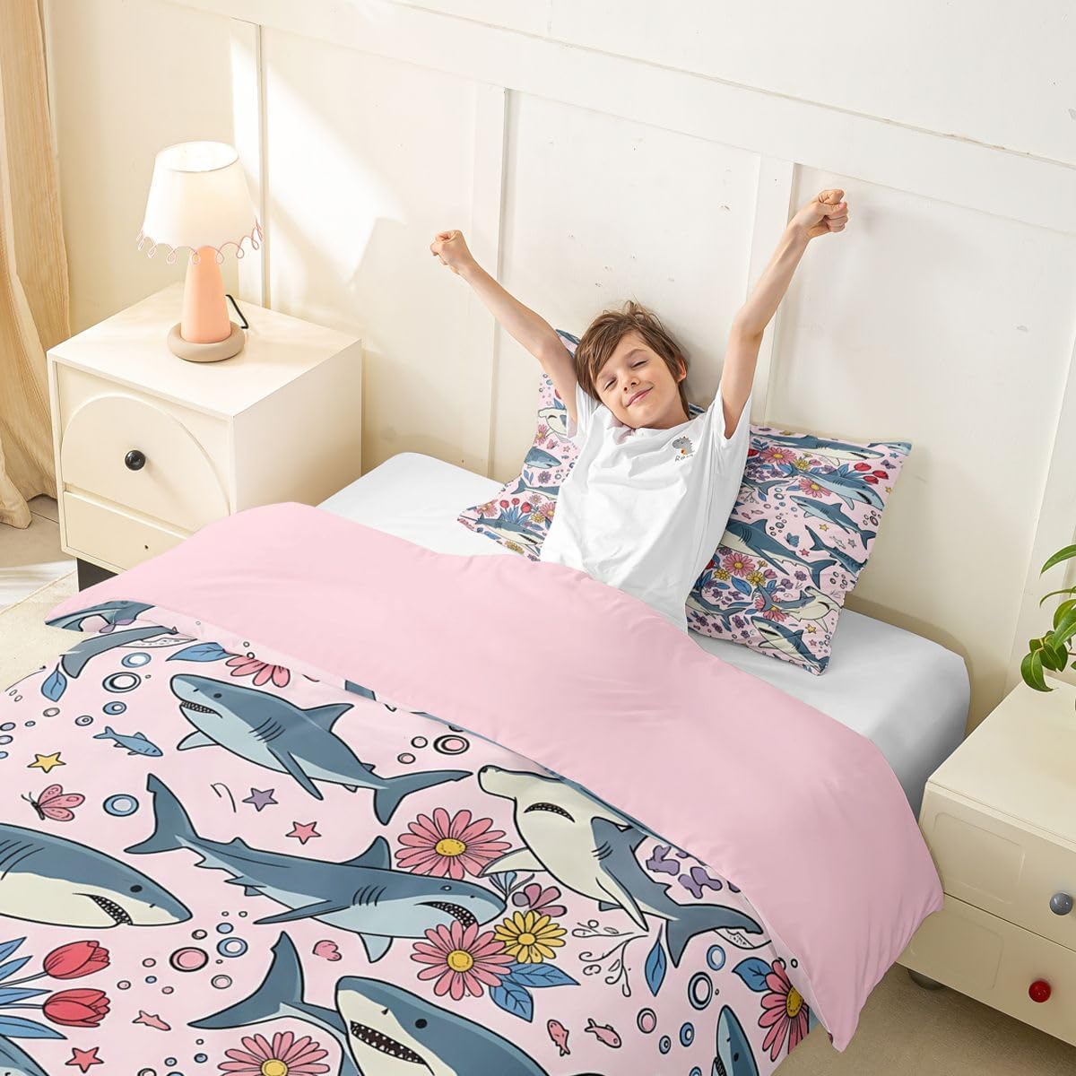 Feelyou Shark Duvet Cover Toddler Size Nature Theme Pink Comforter Cover for Boys Girls Marine Life Sealife Bedding Set 2Pcs Room Decor