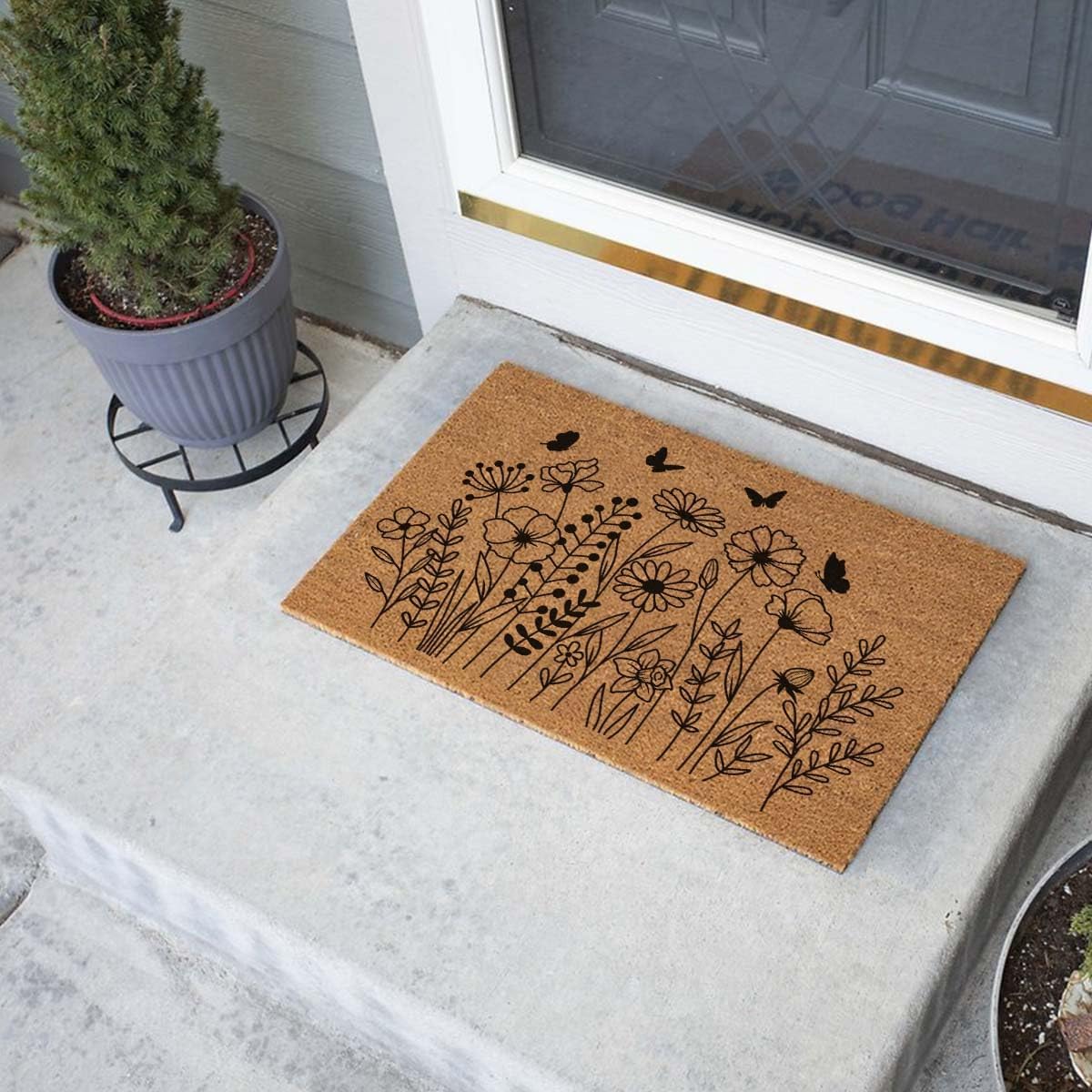 Funny Coir Doormat 23.6 x 15.7 inch Personalized House Warming Gift Mat for Outside Entrance Front Porch Patio Door Non-Slip Decor (Wildflower Butterfly Floral Layered Striped)