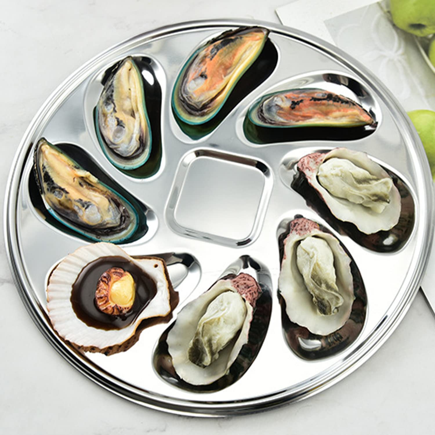Piatto per Ostriche, Contenitore per Ostriche in Acciaio Inossidabile, con Coltello da Ostriche e 9 Fessure, Vassoio per Ostriche per Posizionare Ostriche, Capesante, Vongole, Salsa di Soia