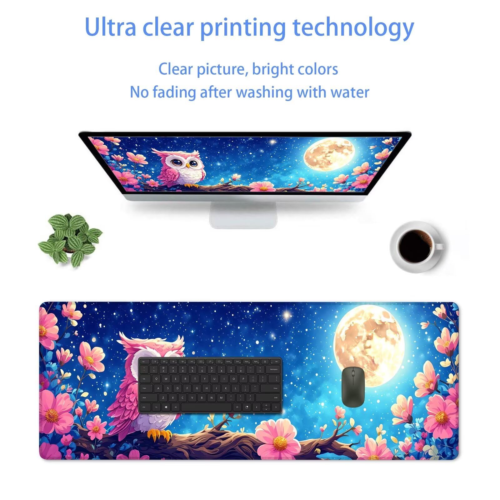 Rosa Tappetino Mouse Gaming, Tappetino Mouse XXL 1200 x 500 mm, Tappetino Mouse Gufo, Mouse Pad con Base Antiscivolo, Bordi Cuciti Tappetino per Mouse, Tappetino Mouse Gaming di Alta Precisione S-310