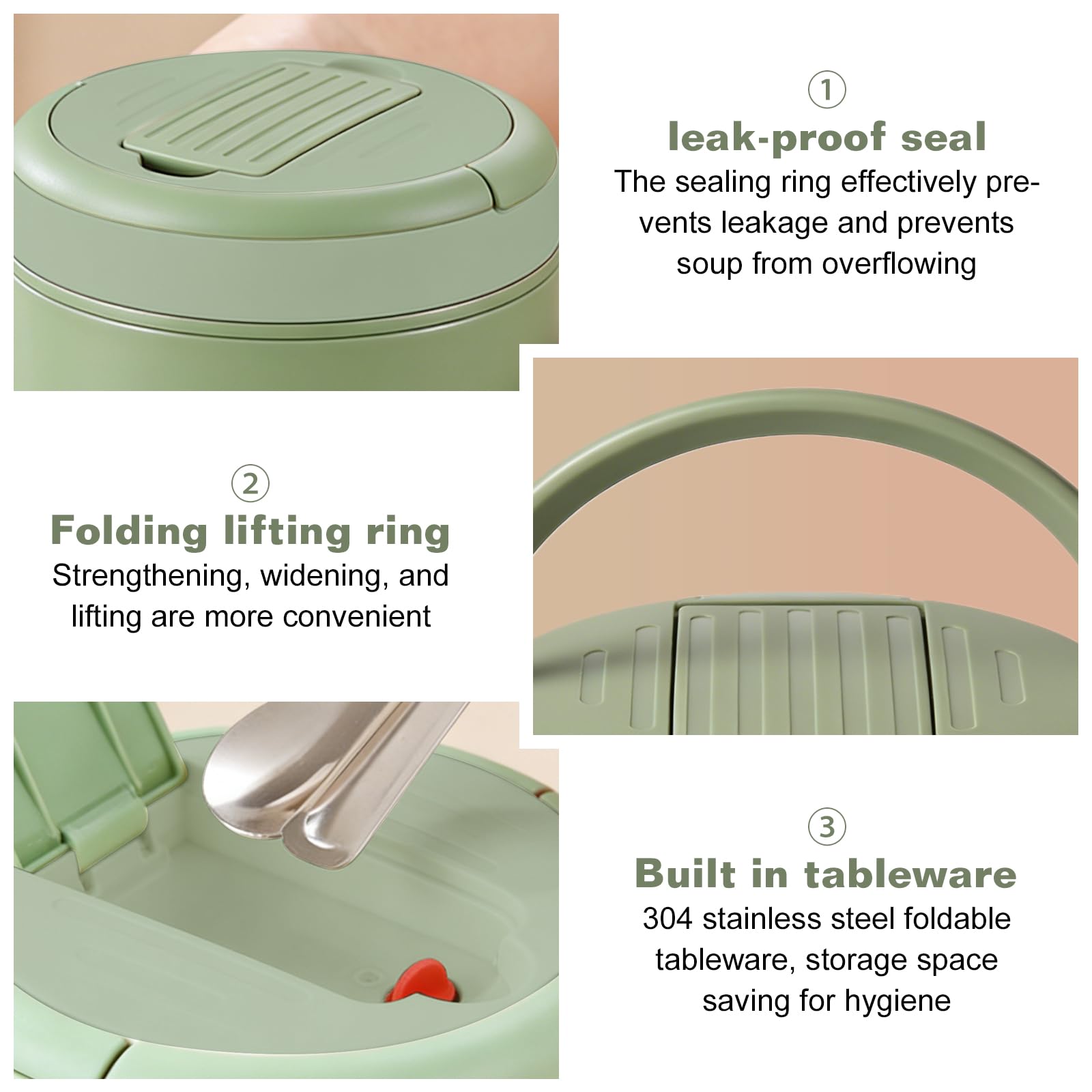 Contenitore termico per alimenti, 1200 ml: contenitore termico a doppia parete, in acciaio inox, a prova di perdite, con coperchio, termico, per ufficio, scuola, attività all'aperto (verde