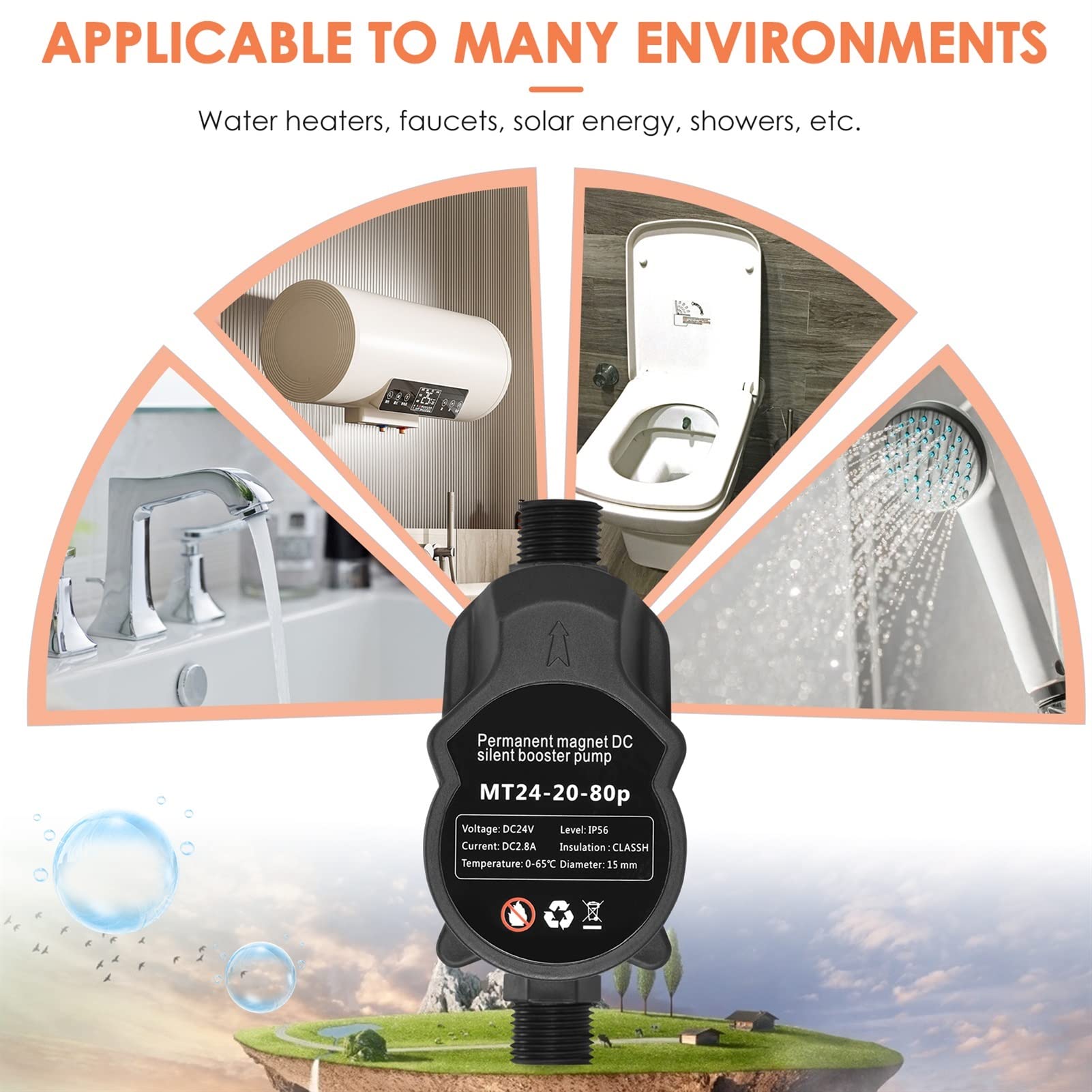 Bomba sumergible pequeña ajustable Bomba de presión agua 24 V CC, 220 V, 80 W, 15 presurización for el hogar calentador solar ducha fregadero cocina