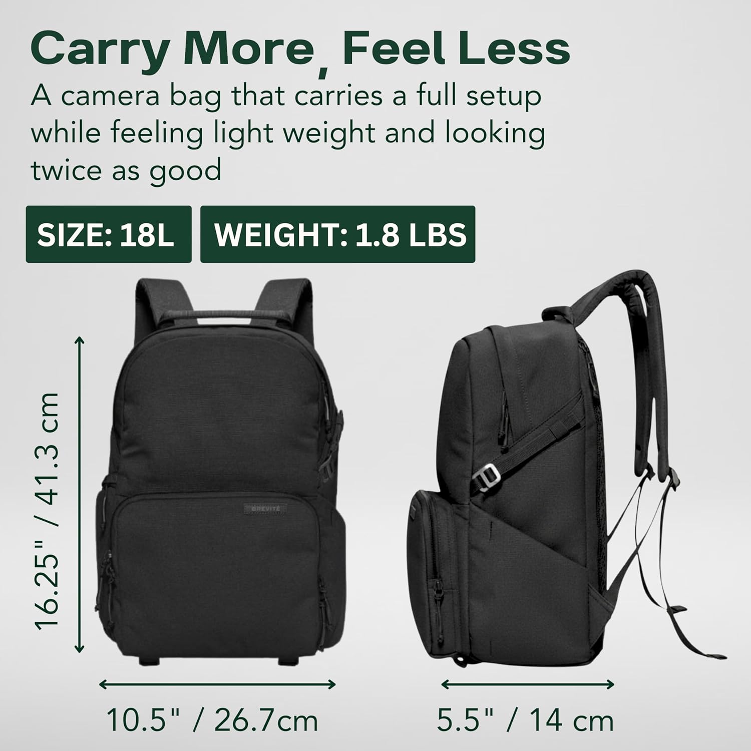 BREVITE Jumper Compact Camera Backpack 2026 Edition: A Minimalist & Travel-friendly Photography Backpack For DSLR Camera & Laptop w/Reinforced Straps & Stiffer Dividers (18L) (Triple Black Color)