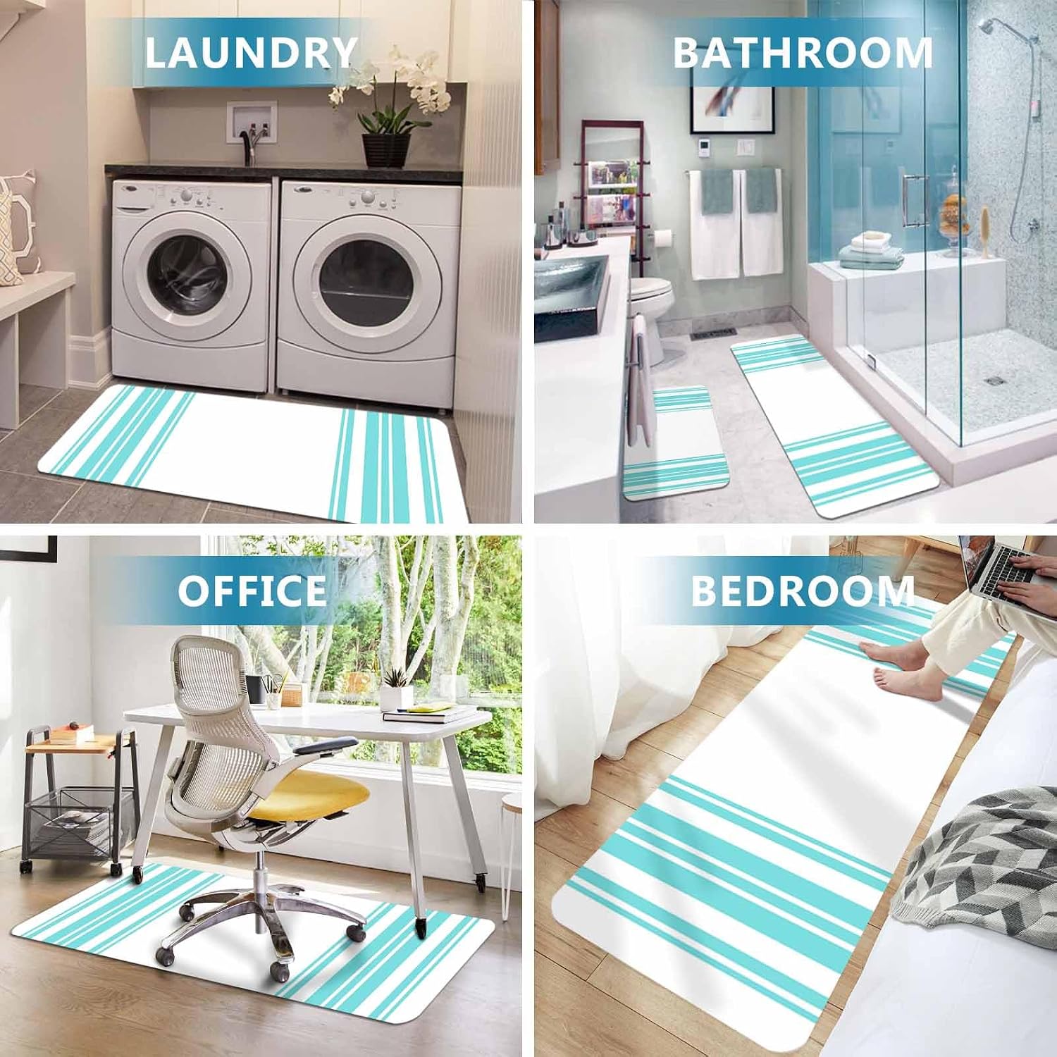 Prime Leader Teal Blue and White Striped Kitchen Mat Set 2 Pieces Modern Minimalist Vertical Lines Non Slip Kitchen Rugs Washable Runner Rug Mats for Sink Laundry (15.7" x 23.6"+15.7" x 47.2")