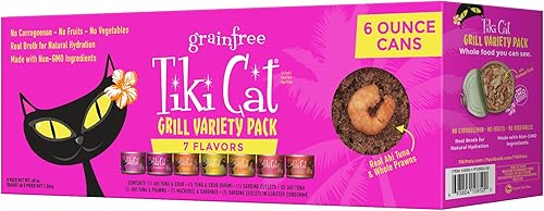 Tiki Cat Grill - Alimento húmedo bajo en carbohidratos con mariscos enteros en caldo para gatos y gatitos adultos, 6 onzas, 8 unidades, variedad