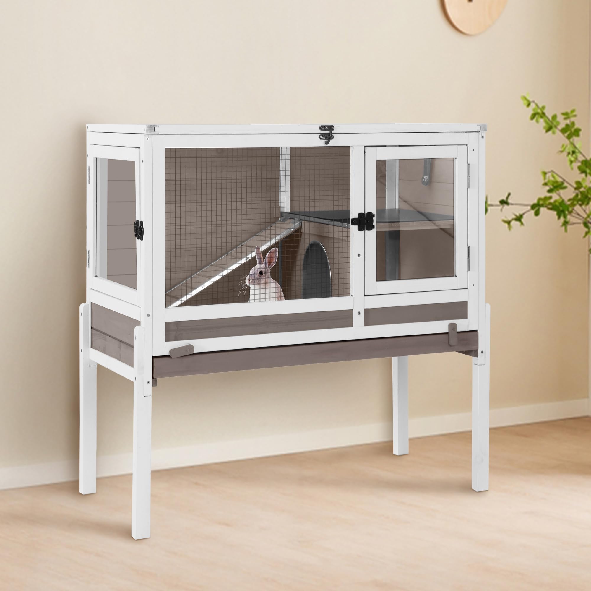 GUTINNEEN Guinea Pig Cage Rabbit Cage Indoor with Chew-Proof Edges, Clean Deep Tray, Leakproof PVC Layer, Small Animals Cage with Adjustable Legs -