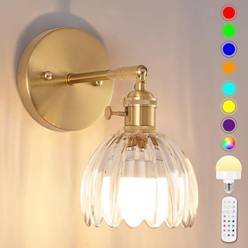 EIDEARAY Battery Operated Wall Sconce, Vintage Wall Sconce with Transparent Tulip Glass Lampshade Rechargeable Battery Powered Wall Light with Remote Control for Bedroom,Living Room, Hallway, Aisle - Tulip Transparent - Battery Operated