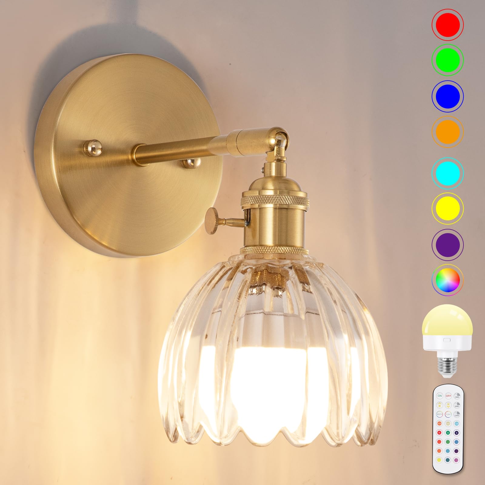 EIDEARAY Battery Operated Wall Sconce, Vintage Wall Sconce with Transparent Tulip Glass Lampshade Rechargeable Battery Powered Wall Light with Remote Control for Bedroom,Living Room, Hallway, Aisle
