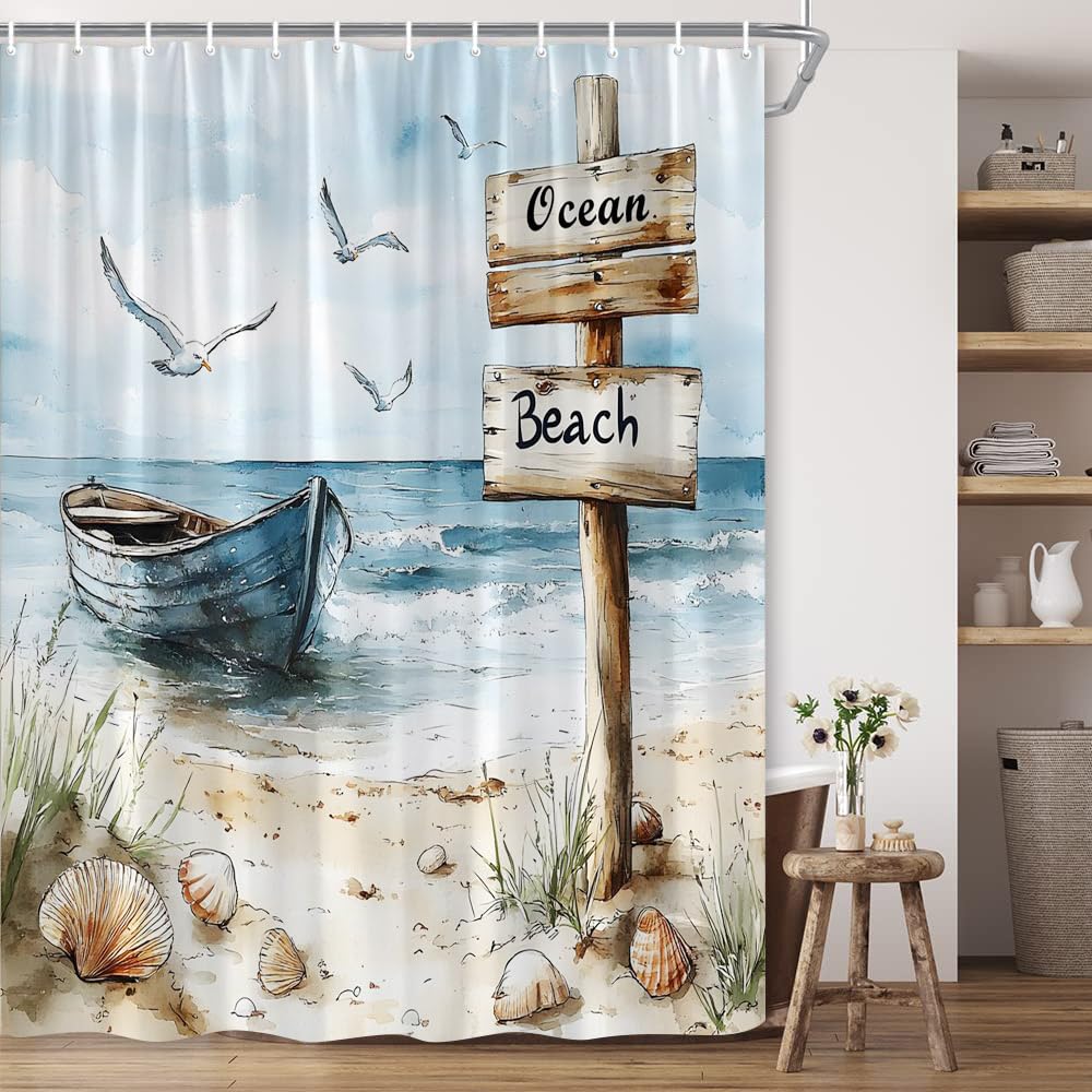 Nautical Coastal Shower Curtain Ocean Beach Seasides Sailboat Coastal Blue Teal Seagull Seascape Polyester Fabric Bathroom Decor 70×70 Inch with Hook