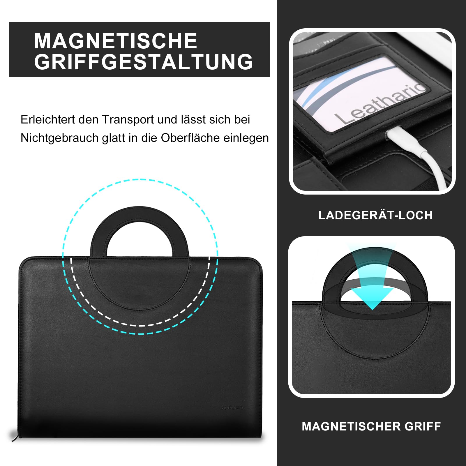 Leathario Schreibmappe A4 mit 5er Register DIN A4，Konferenzmappe mit 4 Ringbuch，Dokumentenmappe mit Reißverschluss，Griff，Klemmbrett,Ordner für Meeting, Business,Mappe für Schule, Uni Schwarz