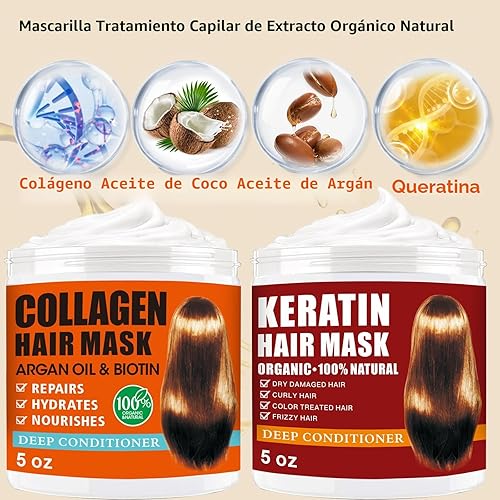 Miniatura 7 de Paquete de 2 mascarillas de colágeno para el cabello y queratina, tratamiento capilar de queratina, tratamiento de reparación acondicionamiento