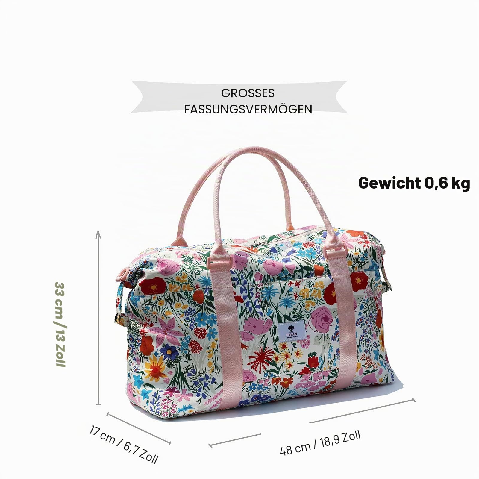 ESVAN Reisetasche, Sporttasche, Wochenendtasche, Übernachtung, Handgepäcktasche, Crossbody-Tasche mit Nassfach und Trolleyhülle, [K] Blume, Large, modisch