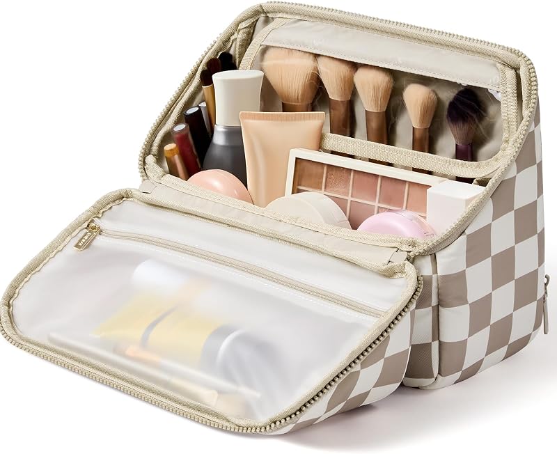 Necessaire de maquiagem LOVEVOOK Checkerboard pequena com compartimento para pincéis