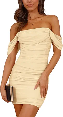 PRETTYGARDEN Cocktail Dresses 2025 Summer Off Shoulder Sexy Bodycon Ruched Mesh Graduation Wedding Guest Mini Short Dress