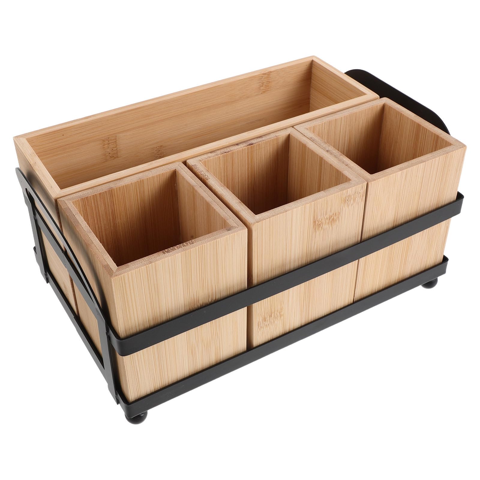 Hemobllo Organisateur de Couverts en Bois Design Rustique et Moderne avec 4 Compartiments Rangement Pratique et Élégant en Bois et Fer pour Buffet ou Repas en Plein Air