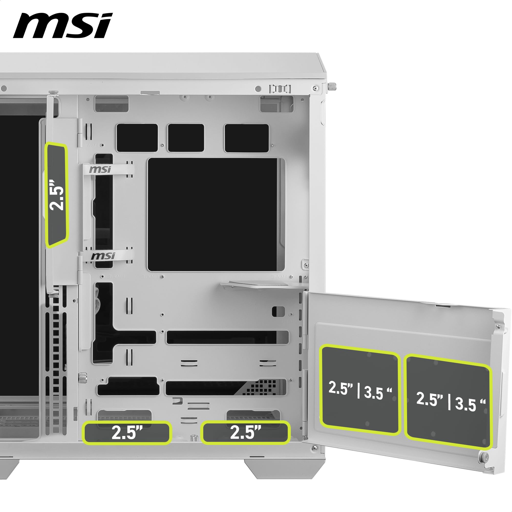 MSI MAG PANO 100L PZ WHITE ATX PC Case - Capacità ATX, staffa di installazione GPU Verical, supporto GPU, filtri antipolvere, staffa di archiviazione oscillante, doppia camera, USB 20Gbps Type-C