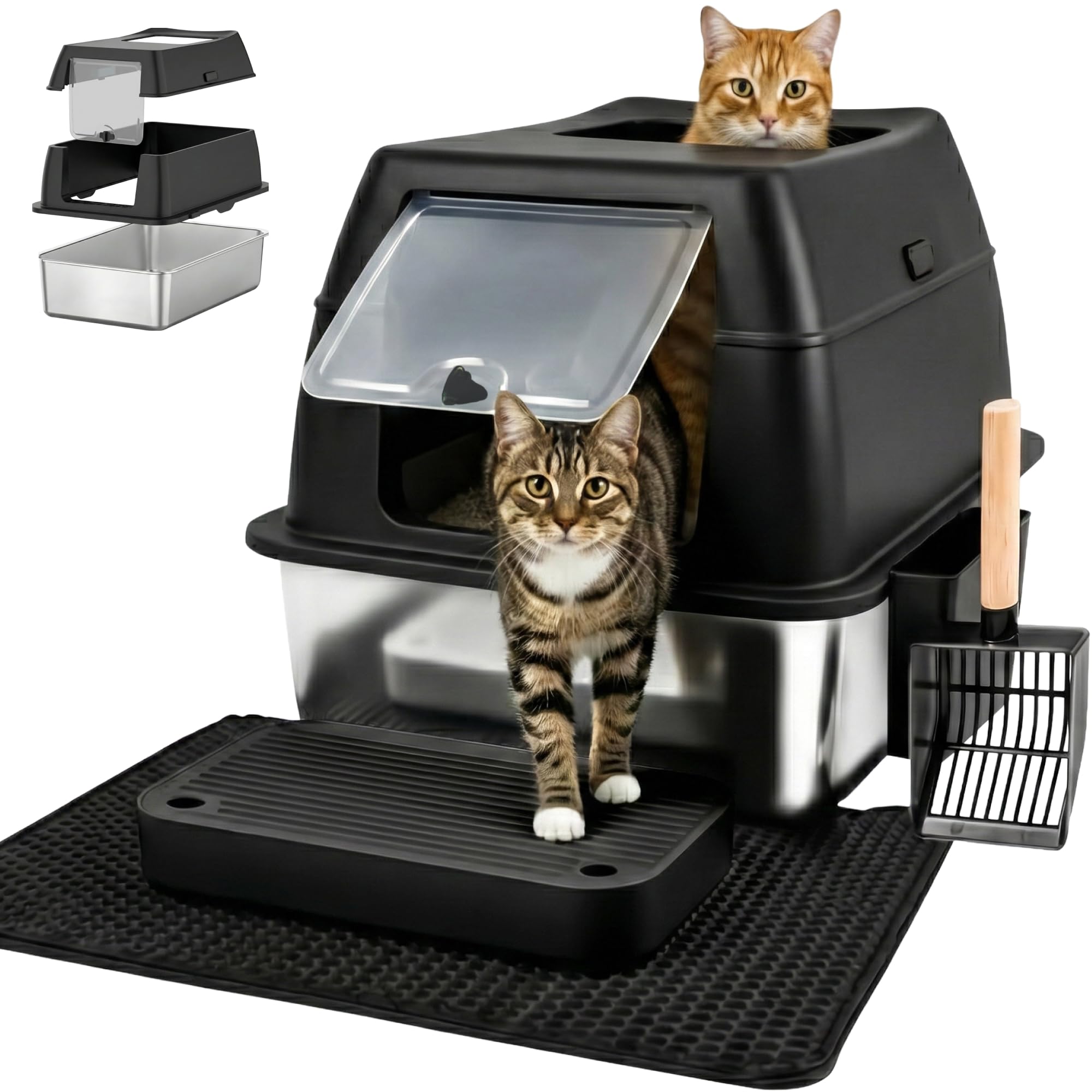 Stainless Steel Cat Litter Tray - Easy to clean - Non Stick Surface - Stainless Steel Litter Box - 38L Capacity - Odor Free Metal Litter Tray - With Scoop & Litter Mat - 23.6"ร 15.7"ร15.9" - Black