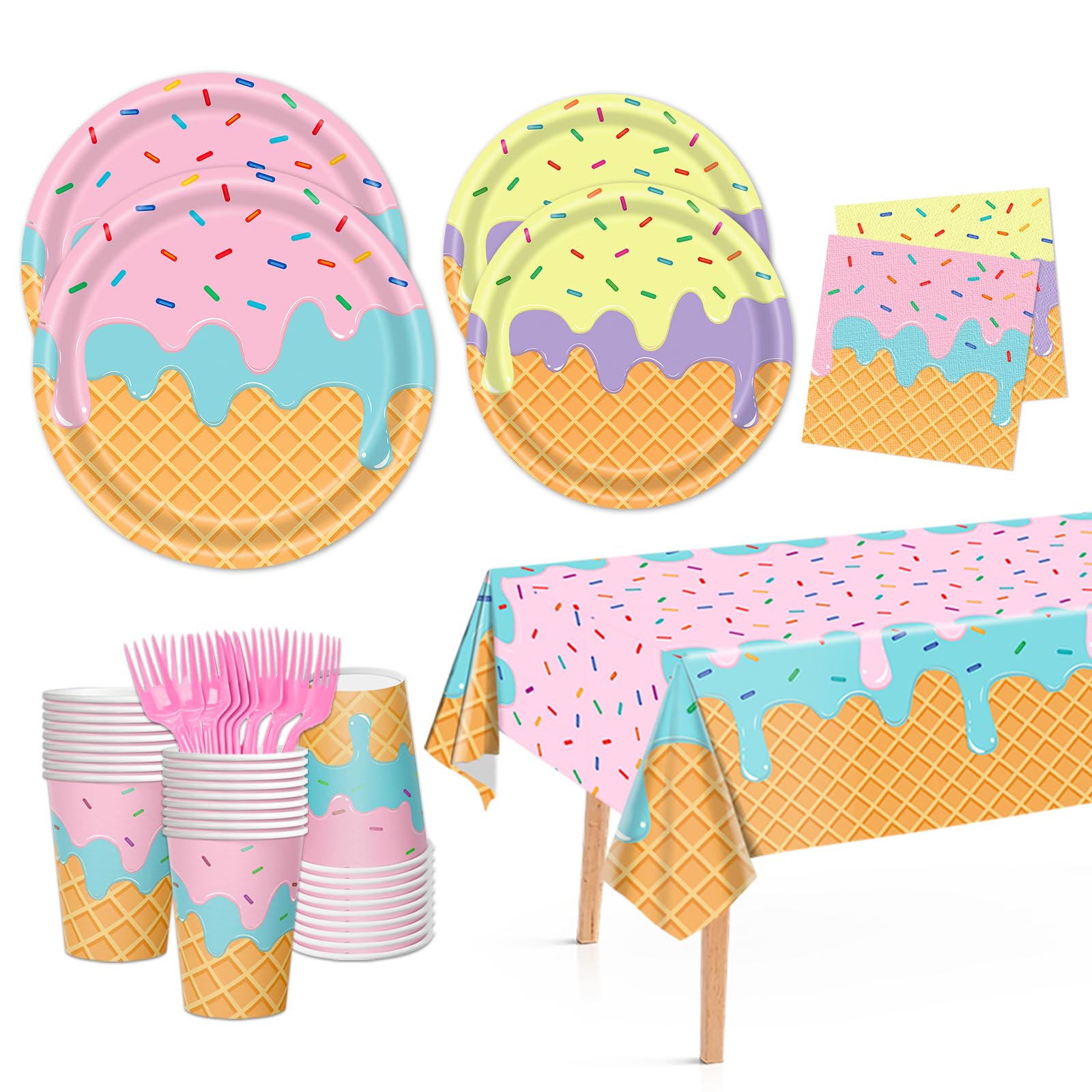 121Pcs Ice Cream Party Supplies Decorations Kit Plates Napkins Cups | Disposable Summer Ice Cream Themed Tableware with Forks & Tablecloth, for Baby Shower & Birthday Party Decorations, Serves 24
