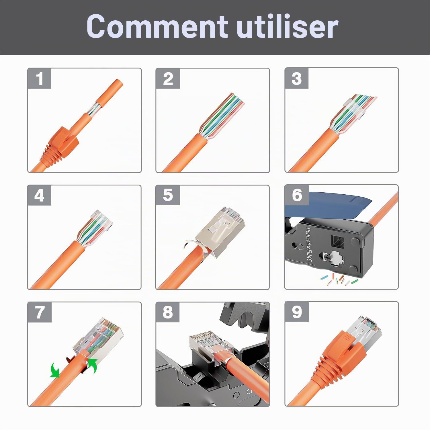 FGB Lot de 100 connecteurs RJ45 CAT 7 CAT 6A 10 Gbps - Connecteurs réseau Pass-Through et blindés - Plaqué or 50 μ - Fiche LAN pour câble de pose AWG23 POE