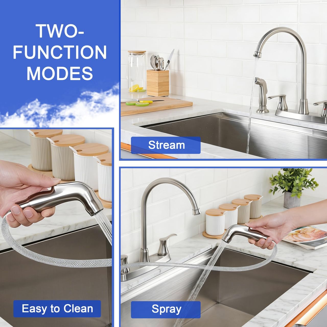 COMLLEN Kitchen Faucet with Side Sprayer, Double Handle Kitchen Faucets with Supply Line,2 Handle 360 Swivel Brushed Nickel Kitchen Faucet 3 Hole or 4 Hole for Sink