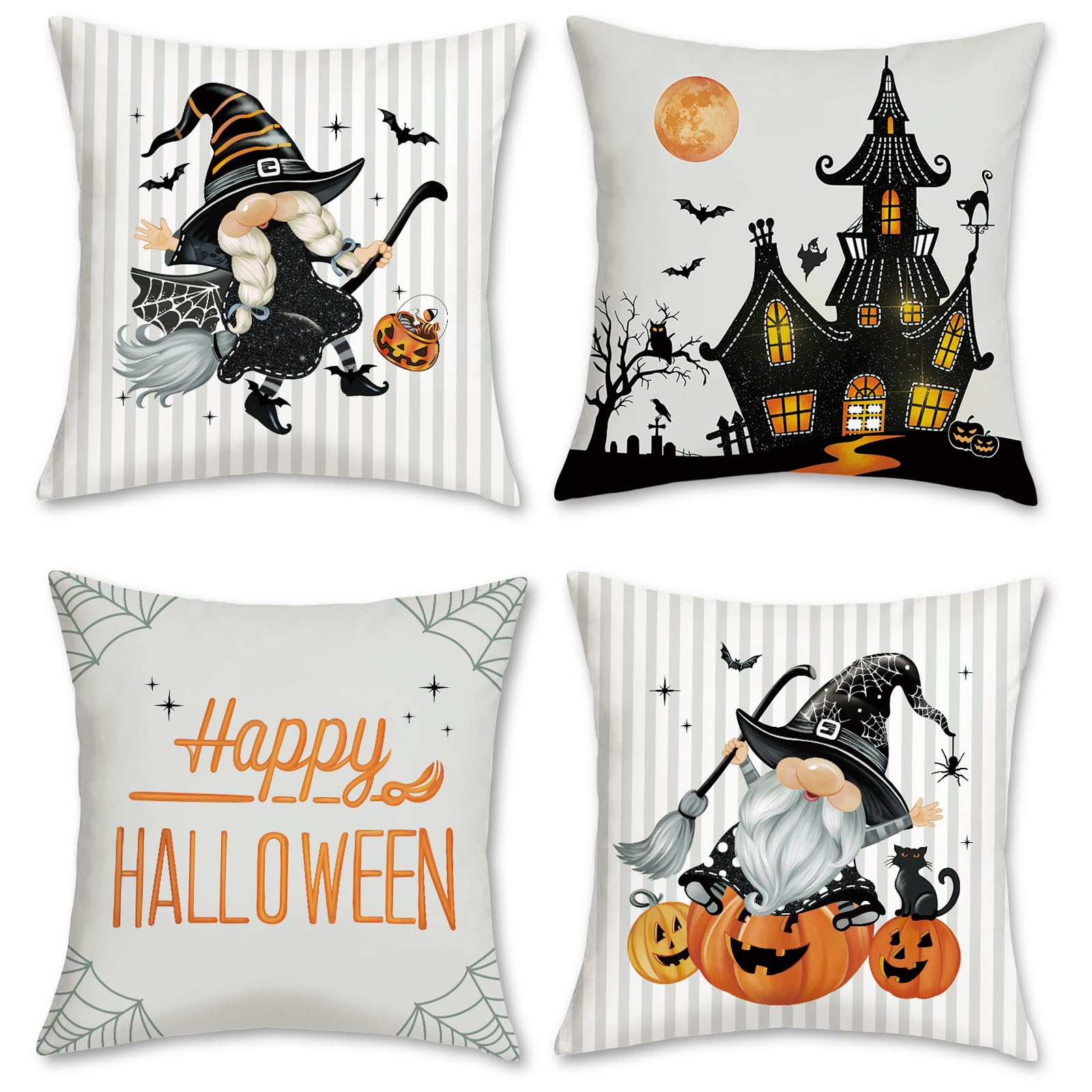 Bonhause Grey Halloween Cushion Covers 45 x 45 cm Gnome Pumpkin Castle Soft Velvet Decorative Throw Pillow Covers for Sofa Couch Bed Home Garden Decor Set of 4