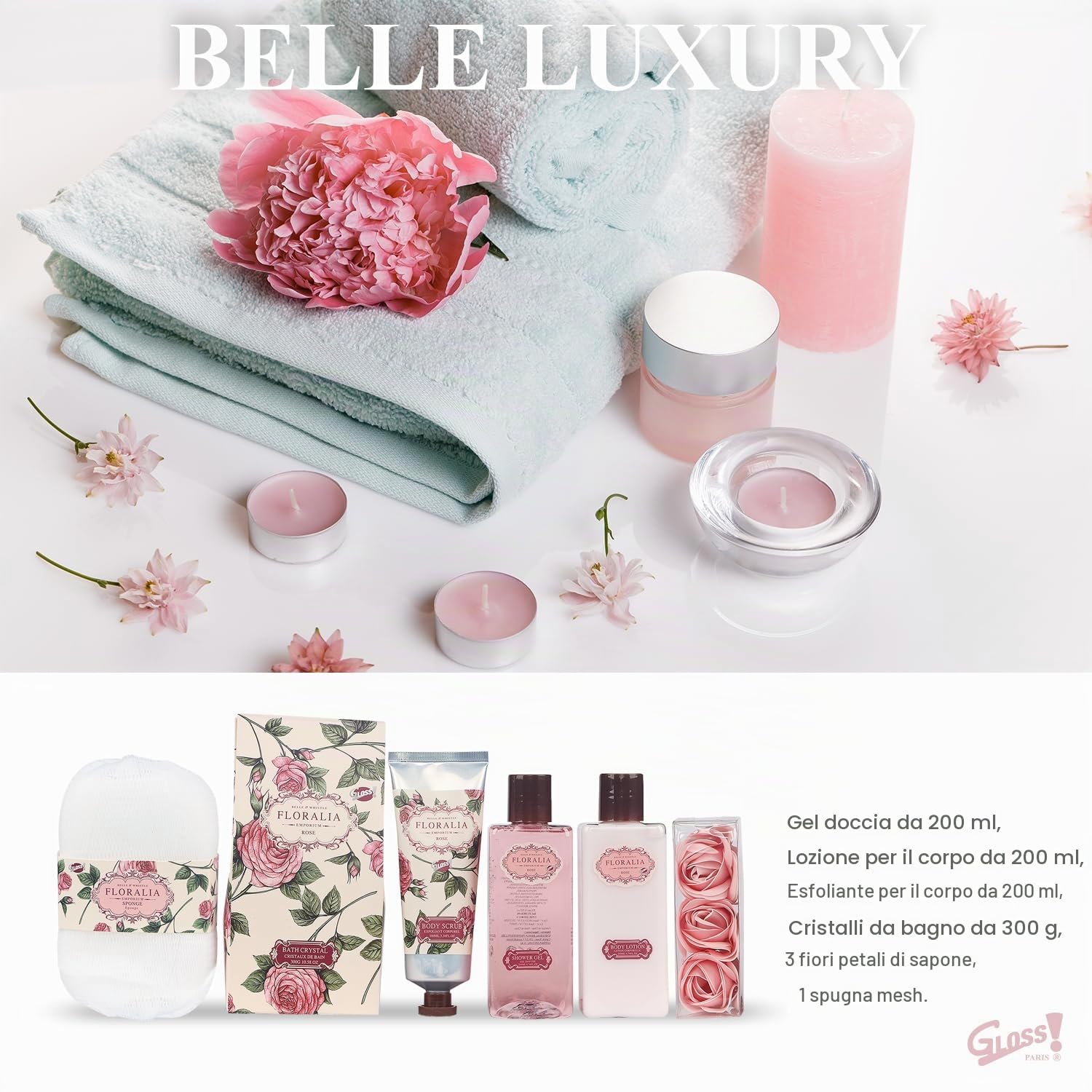 GLOSS ! Cofanetto da bagno ROSE – Prodotti benessere – Cofanetto regalo originale per donna, compleanno, festa della mamma, Natale, San Valentino - CORBEILLE