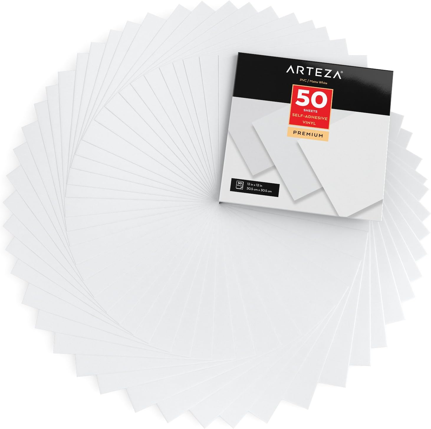 ARTEZA Self Adhesive Vinyl Sheets, 12 x 12 Inches, Pack of 50, Matte White, Waterproof and Easy to Weed and Cut, SAV for DIY Projects