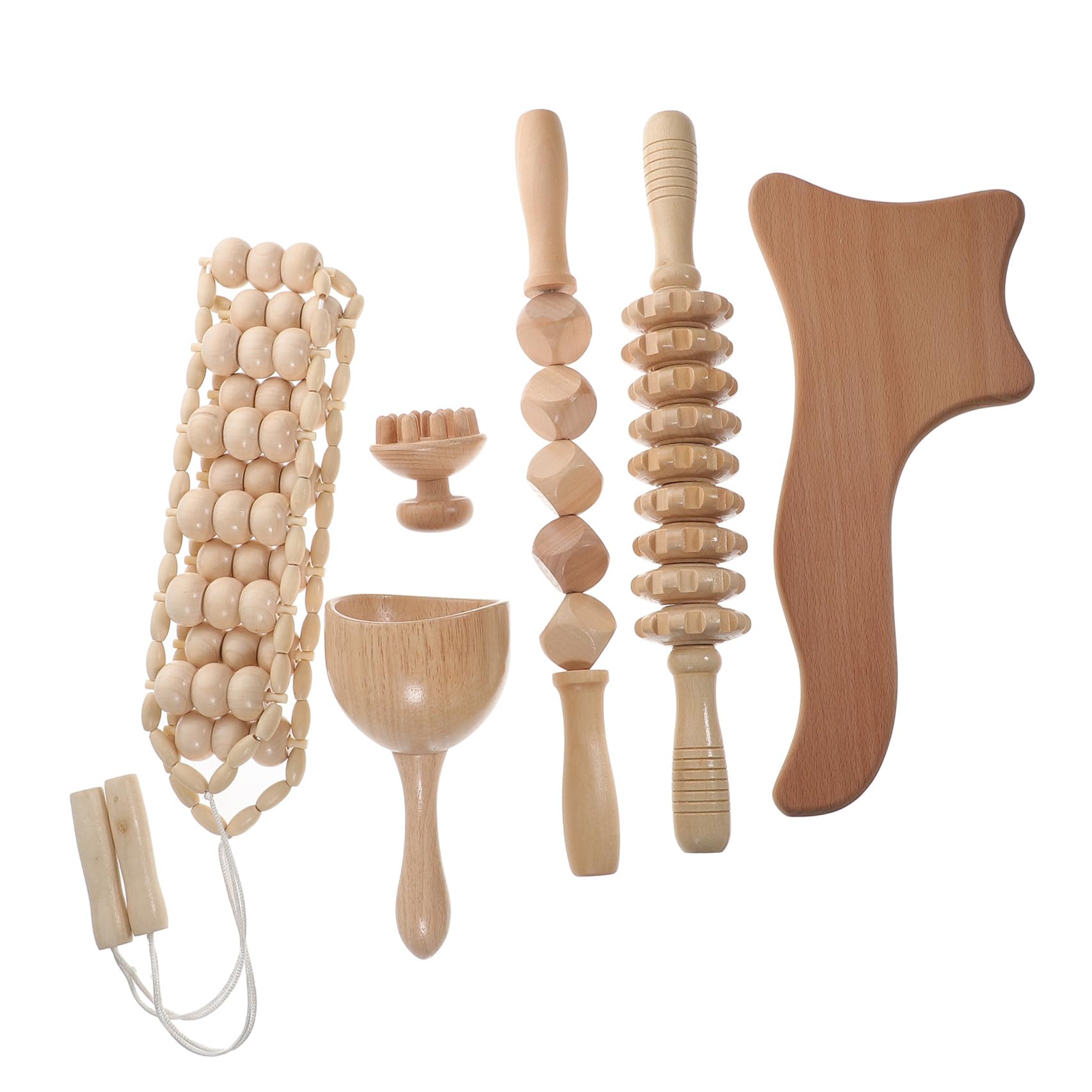 GARVALON Rodillo Masajeador Anticelulitis, Kit de Maderoterapia de 6 Piezas en Madera, Tabla de Masaje Manual para Espalda, Uso en Oficina