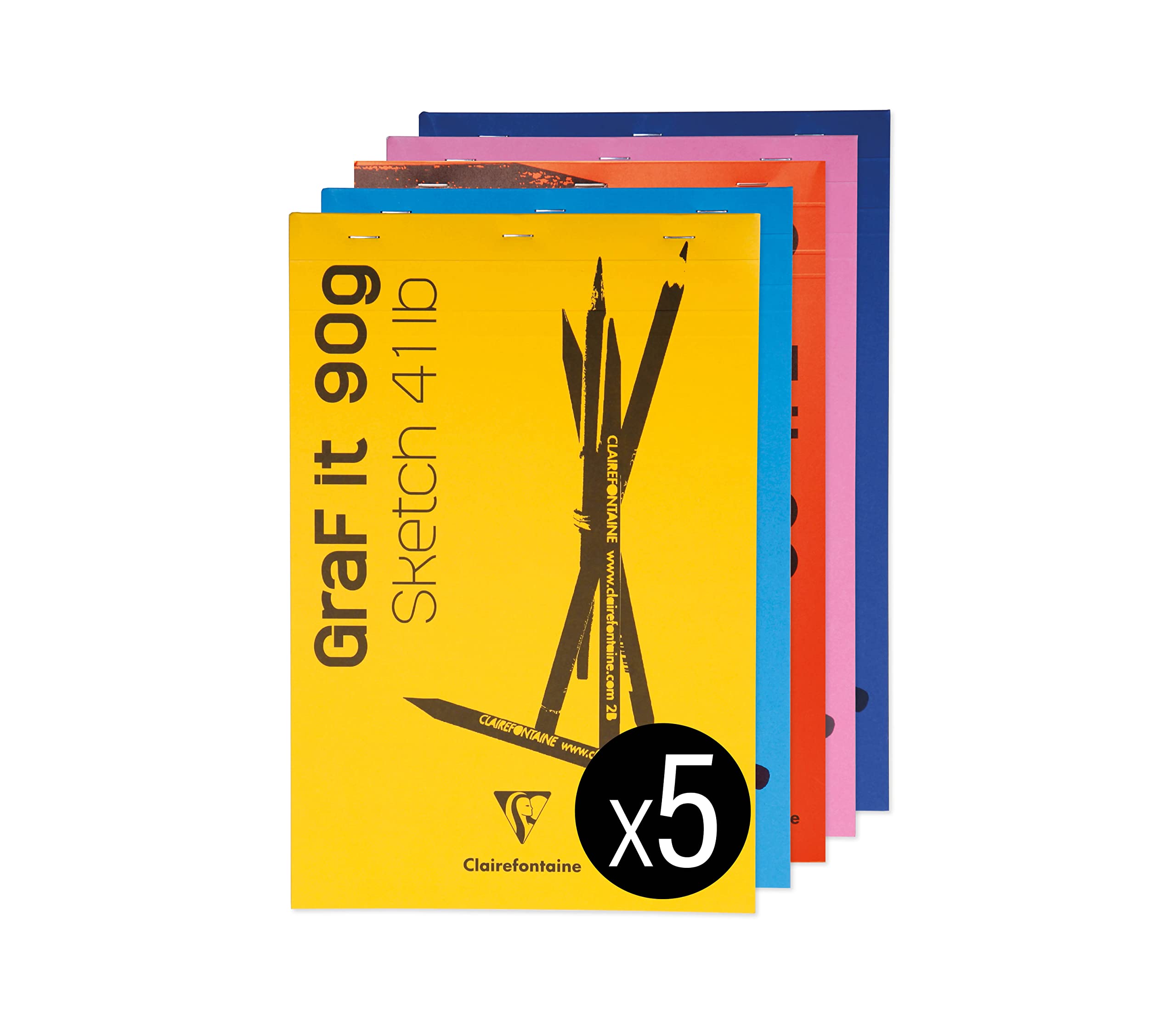 Clairefontaine 96623C (pakiet) – Zestaw 5 bloków rysunkowych GraF’it – 80 arkuszy gładkiego papieru – A4 – 90 g – okładka w kolorze losowym Szkicownik Blok do szkiców