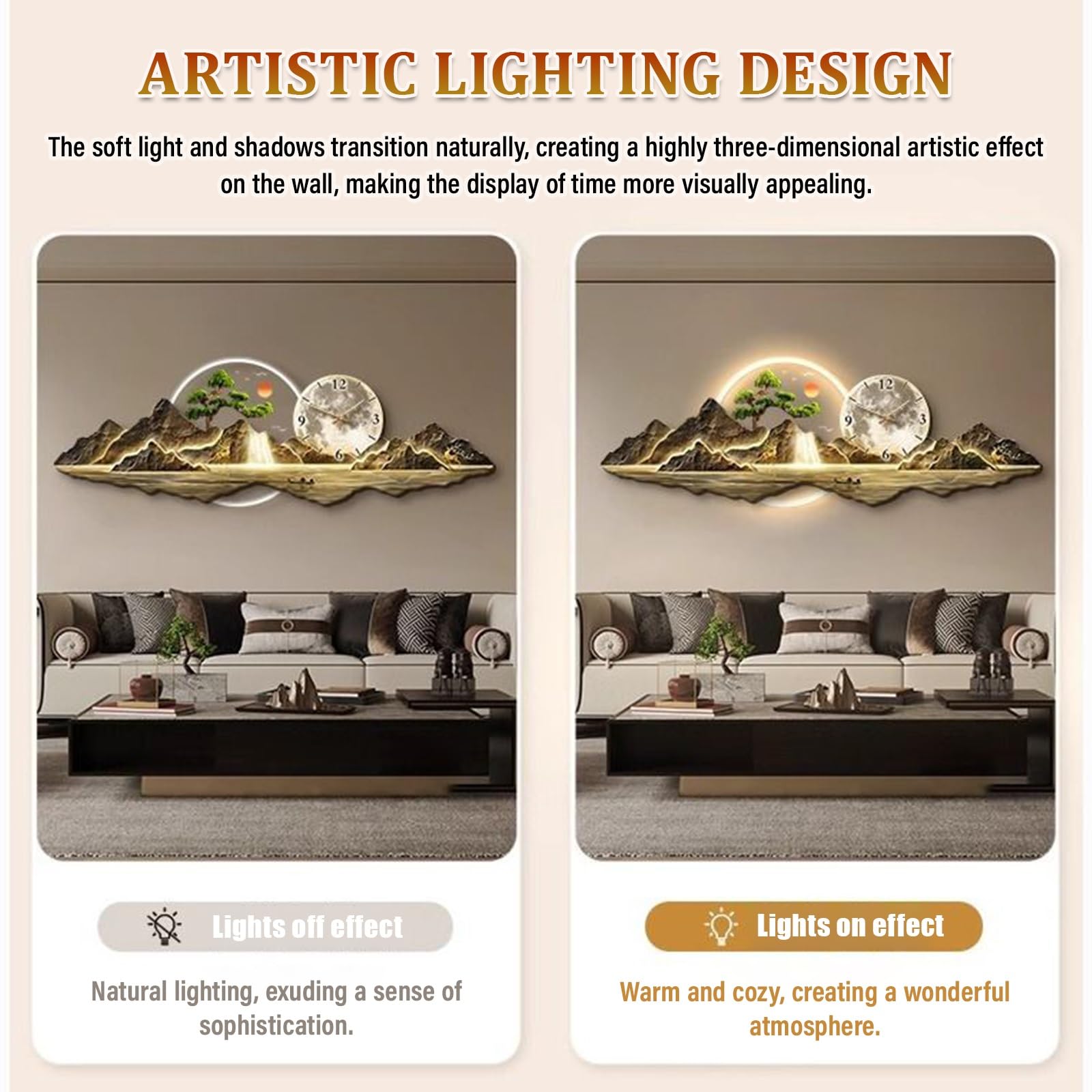 Orologio decorativo da parete 3D con luce LED, orologio da parete silenzioso moderno, grande scultura da appendere, alimentatore plug-in, per soggiorno, camera da letto, corridoio ingresso