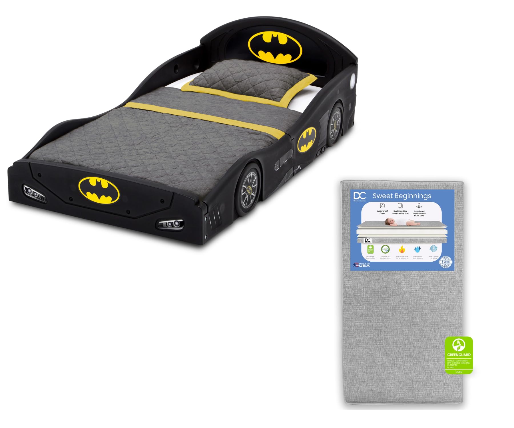 Delta ChildrenDC Comics Batman Batmobile Car Deluxe Toddler Bed with Attached Guardrails Sweet Beginnings Dual Sided Crib Mattress