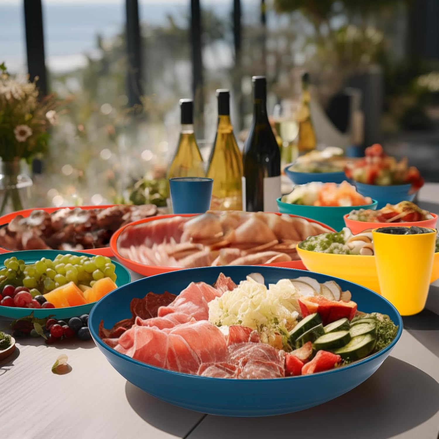 Lazycorner 48-Pcs Kitchen Wheat Straw Dinnerware Set, Service for 8, Plastic Reuasble Dinner Dishes Serving Plate Set for Kitchen, Including Dinner Plate, Dessert Plate, Bowl, Cup(Multicolor) - Image 7