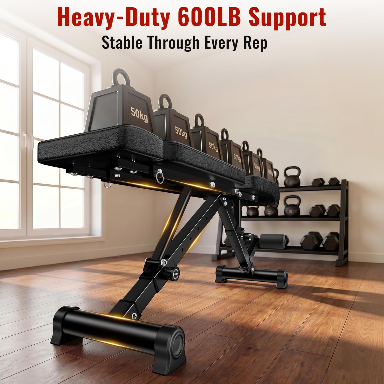 Adjustable Weight Bench, 144 Configurations with 3-Position Headrest, Foldable Workout Bench with Extended Backrest, 600 LB Capacity for Home Gym Full Body Strength Training