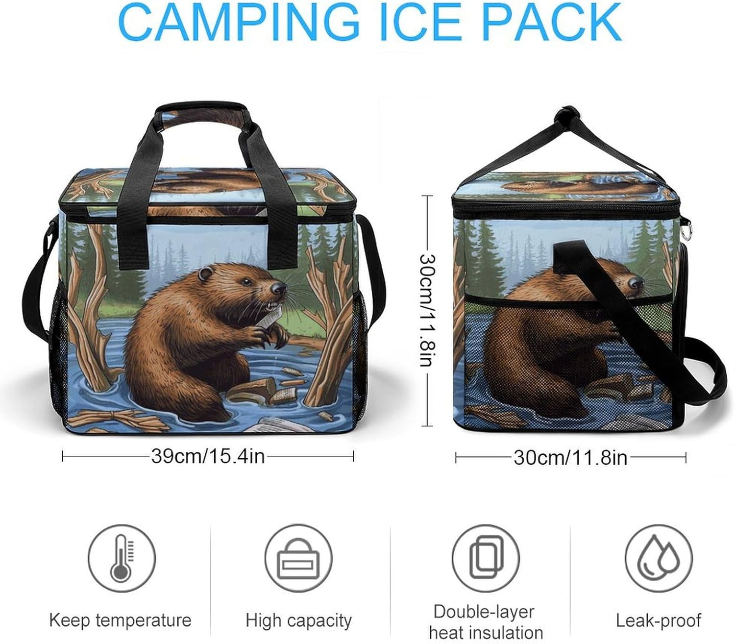 Insulated Picnic Backpack Tote Bag, Large Capacity 30L Busy Beaver Cartoon Cooler Bag Leakproof Beach Bags Portable Lunch Box Waterproof Picnic Basket for Beach Camping BBQ
