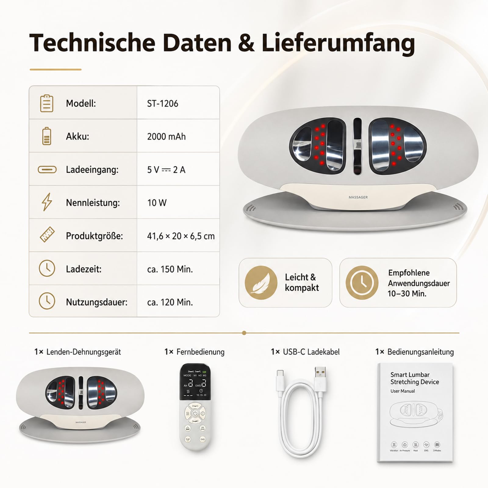 Rückenmassagegerät mit Wärme, EMS, Vibration und Airbag-Traktion
