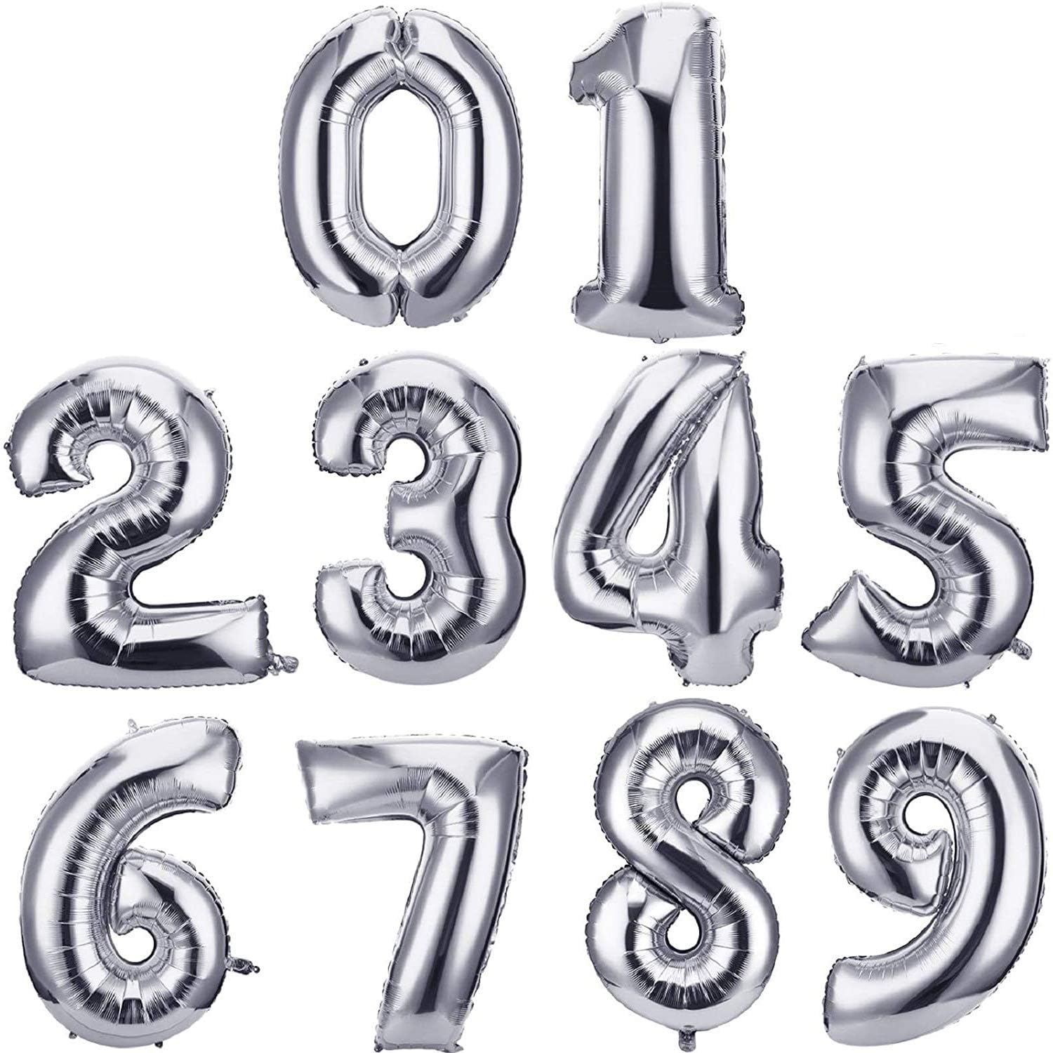 10 Pieces 16 Inch Silver Numbers 0-9 Balloons, Mylar Foil DIY Custom Personalized Age Banner for Milestone Birthday Anniversary Party Supplies Decoration