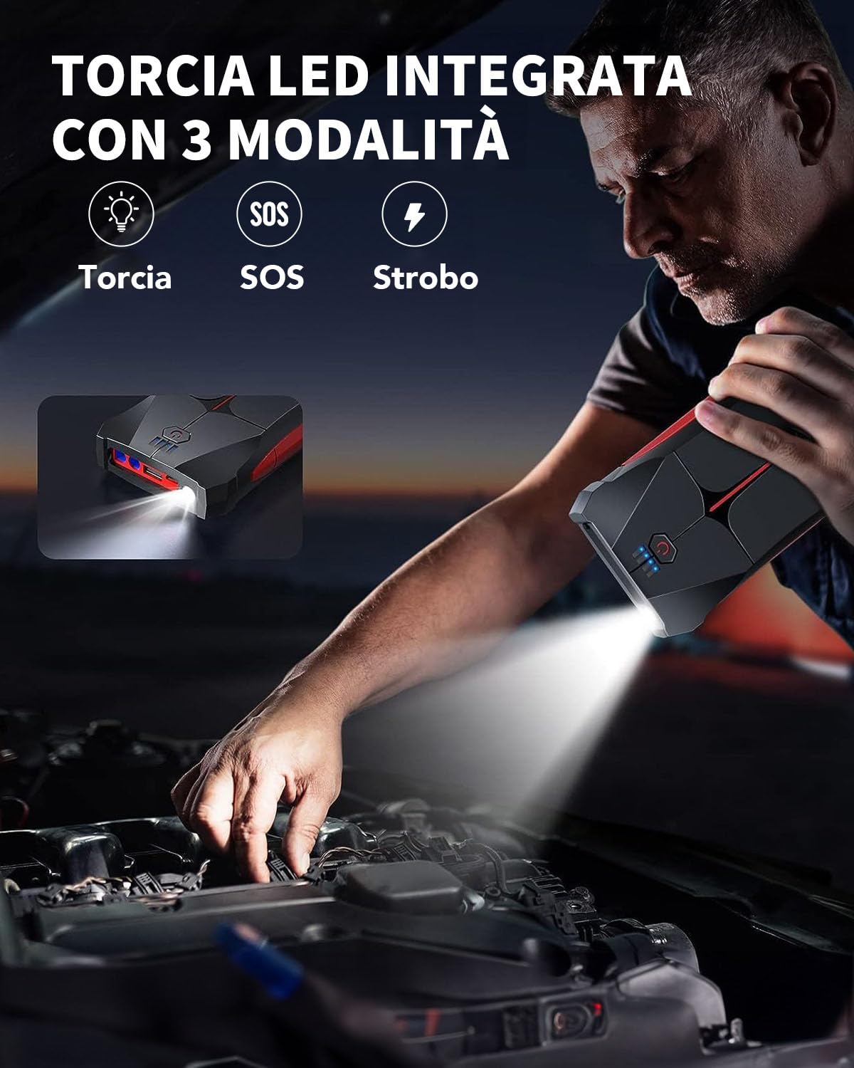 Avviatore Batteria Auto, FLYLINKTECH 4000A Avviatore di Emergenza per Auto/Moto(Fino a 9.0L Benzina/8.5L Diesel) 12V Starter Batteria Portatile Booster Avviamento con Torcia a LED IP67