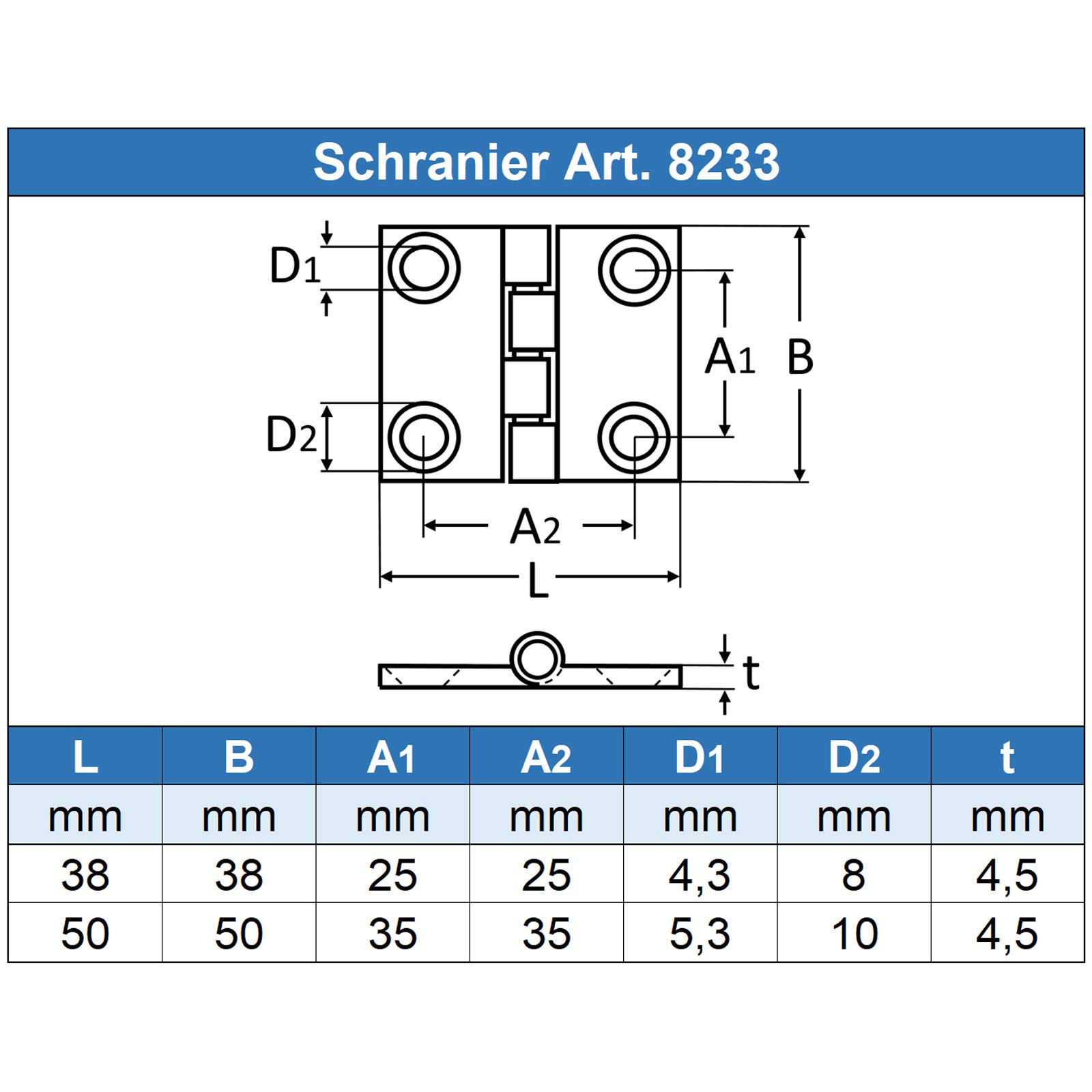 50 x 50 x 4,5 Scharnier (10 Stück) - Türscharnier - Möbelscharnier - Beschlag - Edelstahl A4 VA V4A - rostfrei