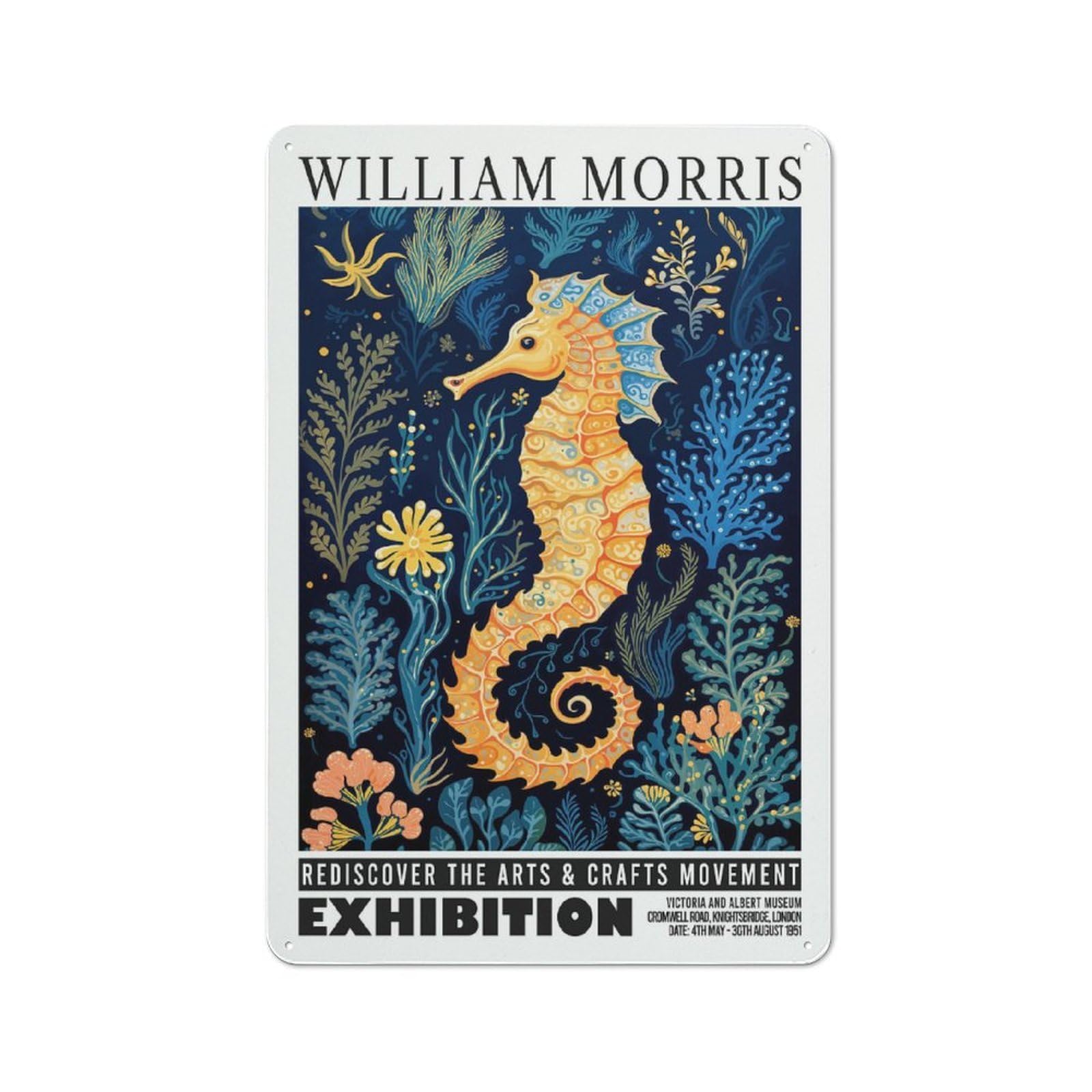 Junmoney Style-15 For Guest Room Or Hallway, William Morris Seahorse Floral Exhibition Retro Metal Wall Sign 30X20cm, For Vintage Wall Decor Fans, For Metal Sign Collectors