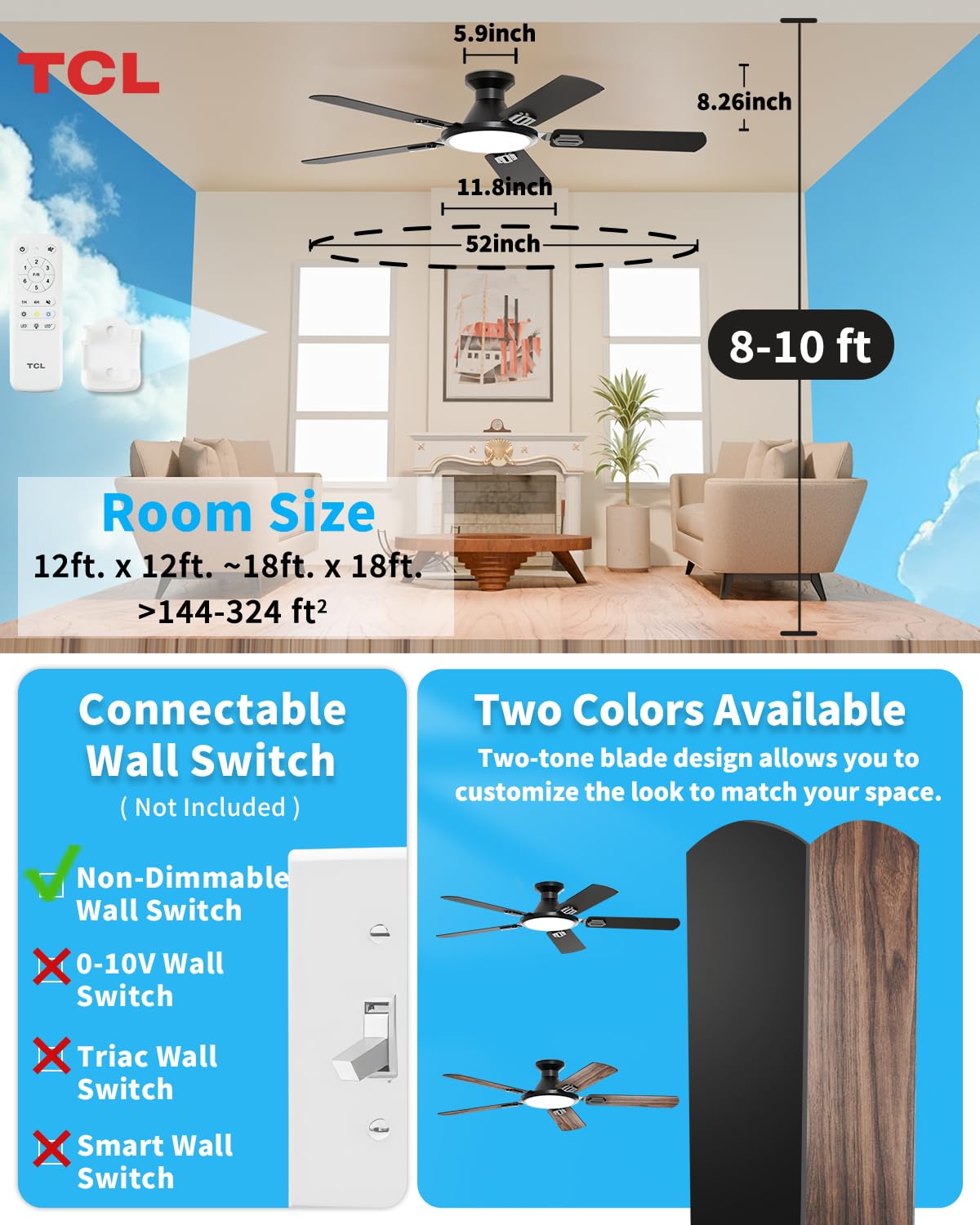 TCL 52 Low Profile Ceiling Fan with Light Slim Black Flush Mount DC Reversible Motor 6 Speeds Remote — view 8