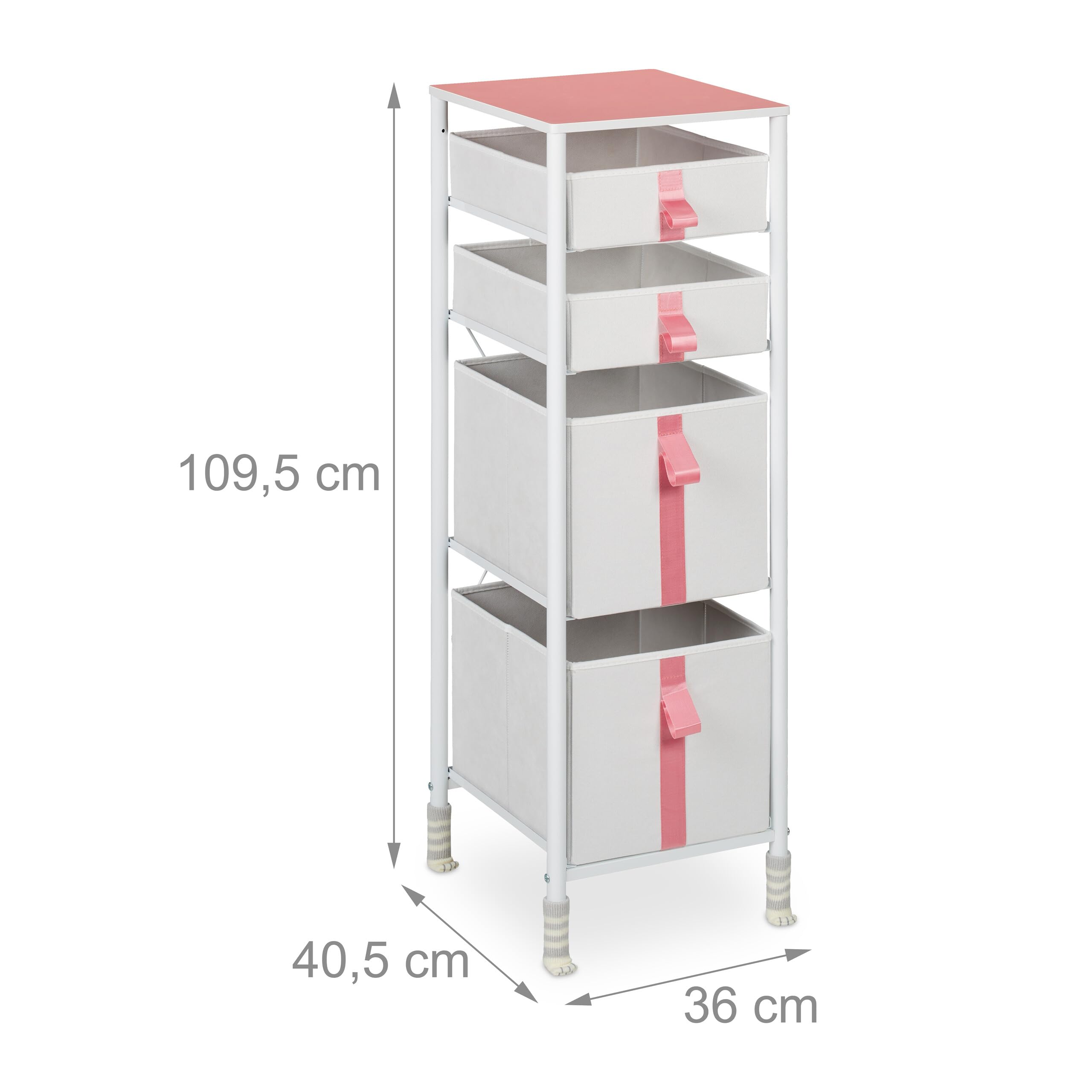 Relaxdays Kommode, Kinder, 4 Stoffschubladen, HBT: 109,5 x 36 x 40,5 cm, Schubladenschrank, Metallgestell, weiß/rosa