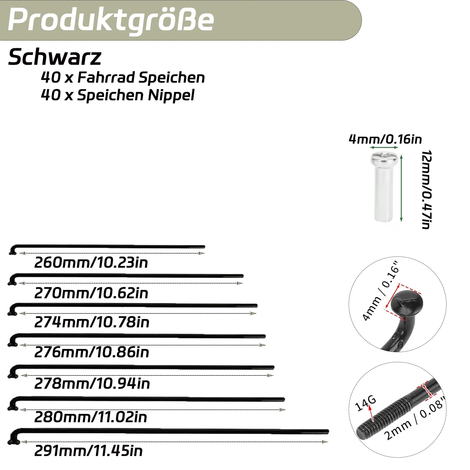 40 sztuk szprych rowerowych ze szprychami rowerowymi, średnica 2 mm, stal nierdzewna, szprychy 14 G/K, do szprych rowerów MTB, rowerów miejskich, downhill i rowerów elektrycznych – czarne 260