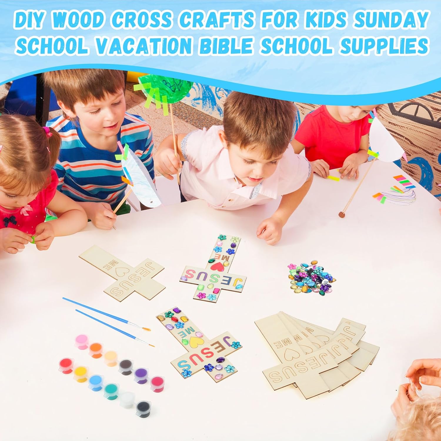 Blueweenly 60 Pcs DIY Wood Cross Crafts for Kids Sunday School Vacation Bible School Supplies Jesus Love Me Religious Christian Craft with Stickers Paint Unfinished Cross Gift for Church