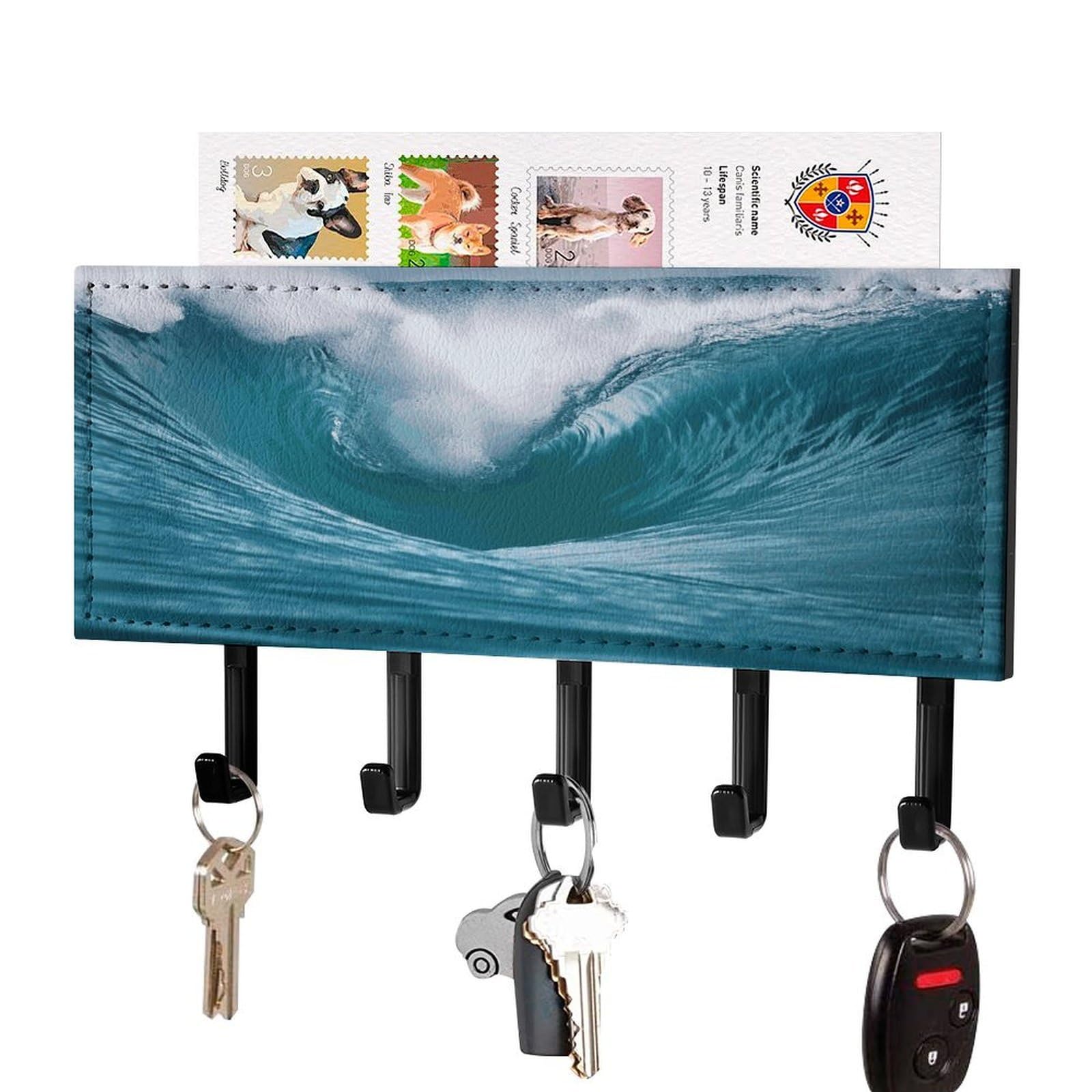 FekiLoot Ocean Wave Key Holder for Wall Decorative Mail Organizer with 5 Key Hook Self Adhesive Key Rack with Tray Coat Rack Wall Mount Key Hanger Decor for Entryway Door