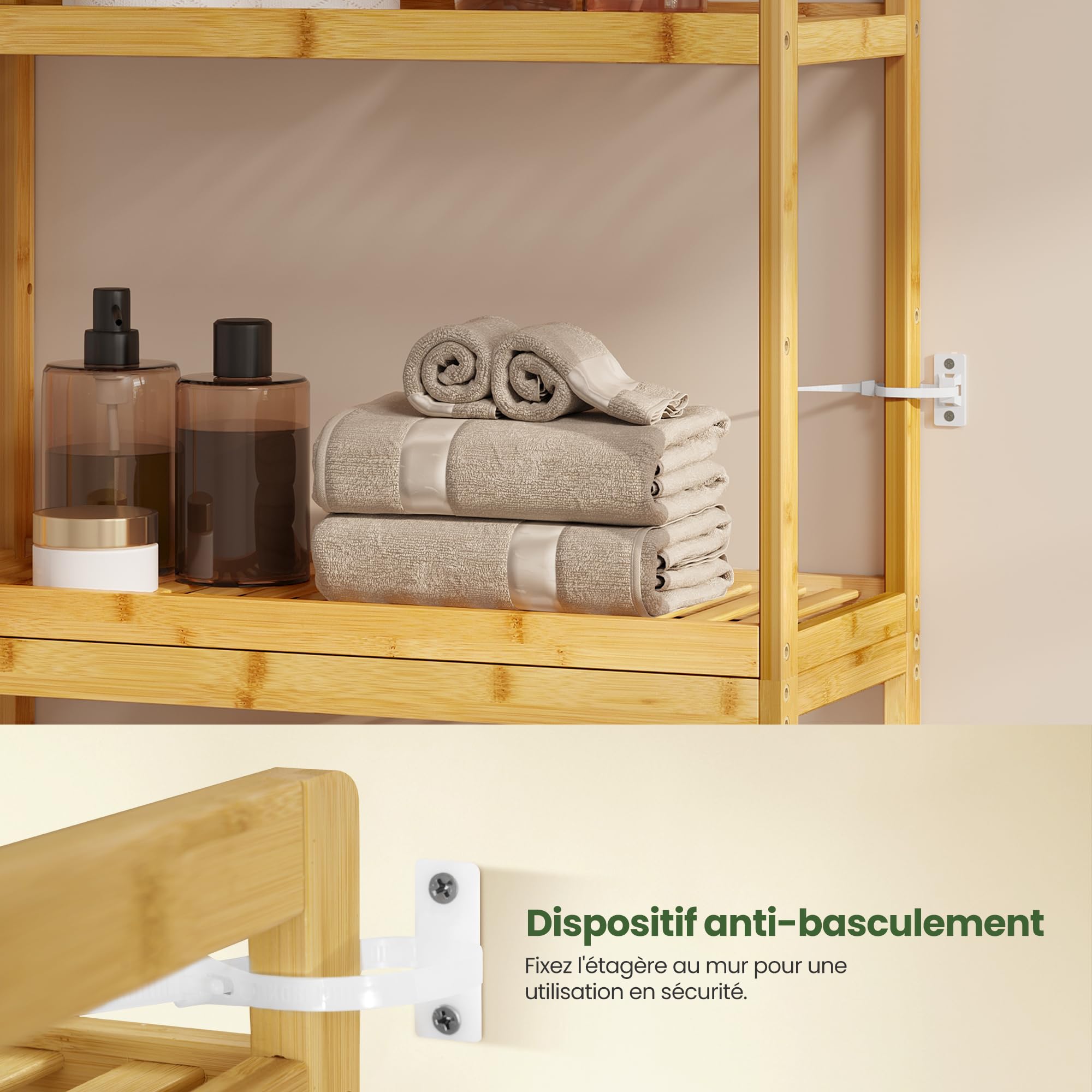 EUGAD Étagère Salle de Bain en Bambou à 3 Niveaux, Meuble au-Dessus Machine à Laver, pour Salle de Bain, Buanderie, 63,5x26x163 cm, en Couleur de Bambou Naturel
