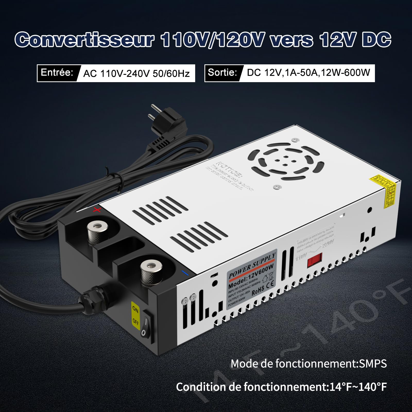IMAYCC Schaltnetzteil 12V 50A, 600W Transformator 110V AC auf DC Netzteil 12Volt Adapter, 12 Volt Spannungswandler für Standheizung, LED Beleuchtung,Industrieanlagen.