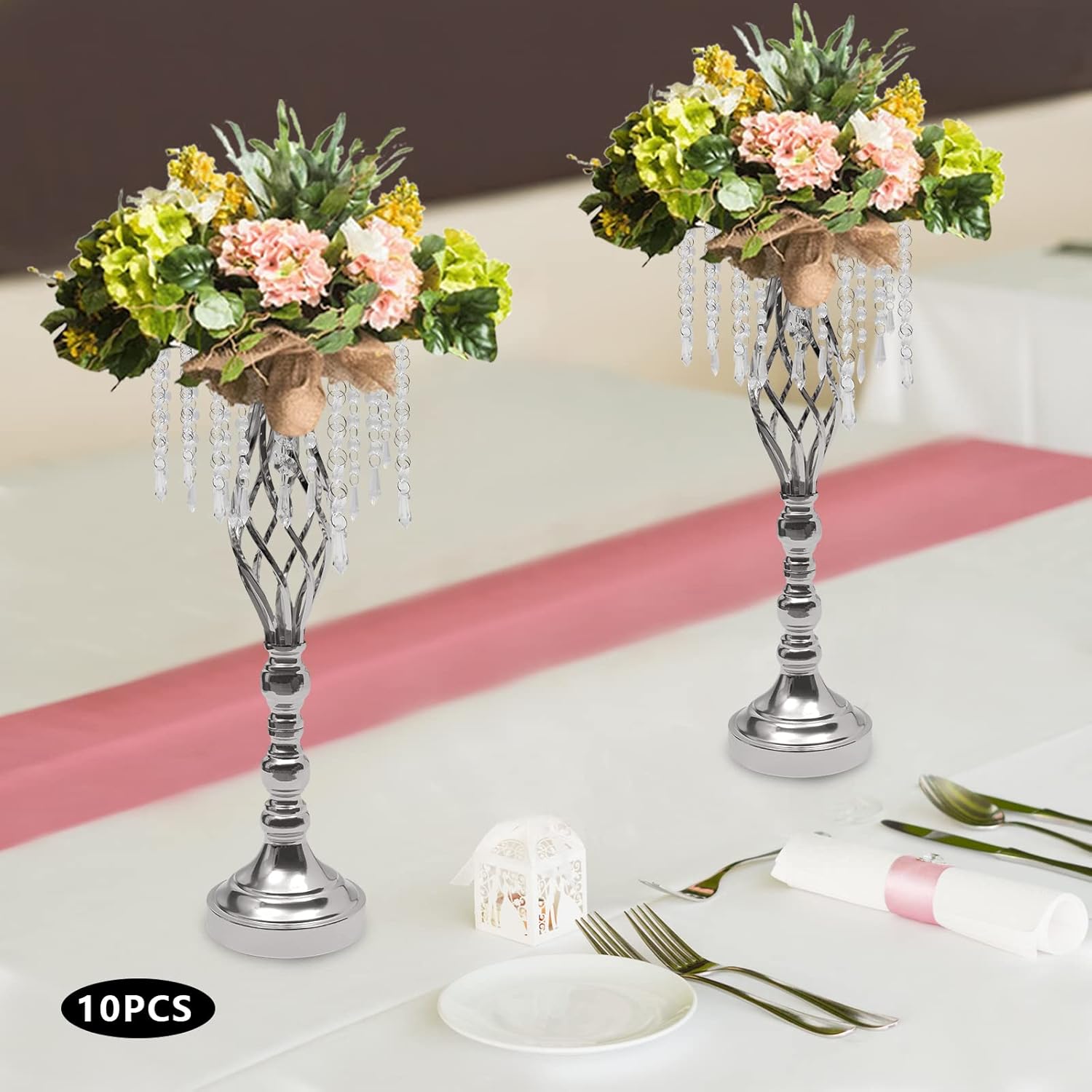 10 Pcs Crystal Flower Stand Wedding Centerpieces for Tables Metal Flower Vase Holder Road Lead for Wedding Party Dinner Event Reception Home Decor (Silver, 21.7in)