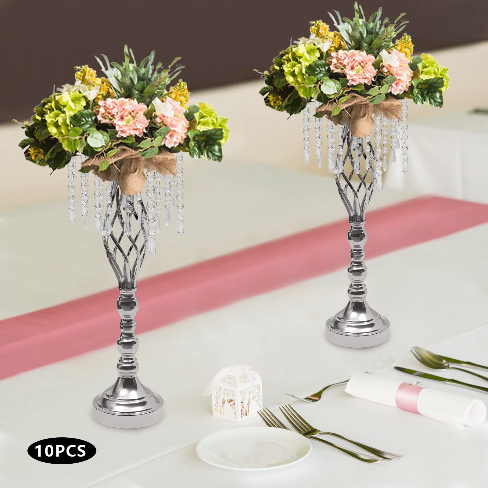 OUKANING Lot de 6/10 supports de fleurs de mariage en cristal avec suspension - Pour décoration de table et de couloir - Décoration DIY pour mariage, événement et maison - Argenté - 10 x 55 cm
