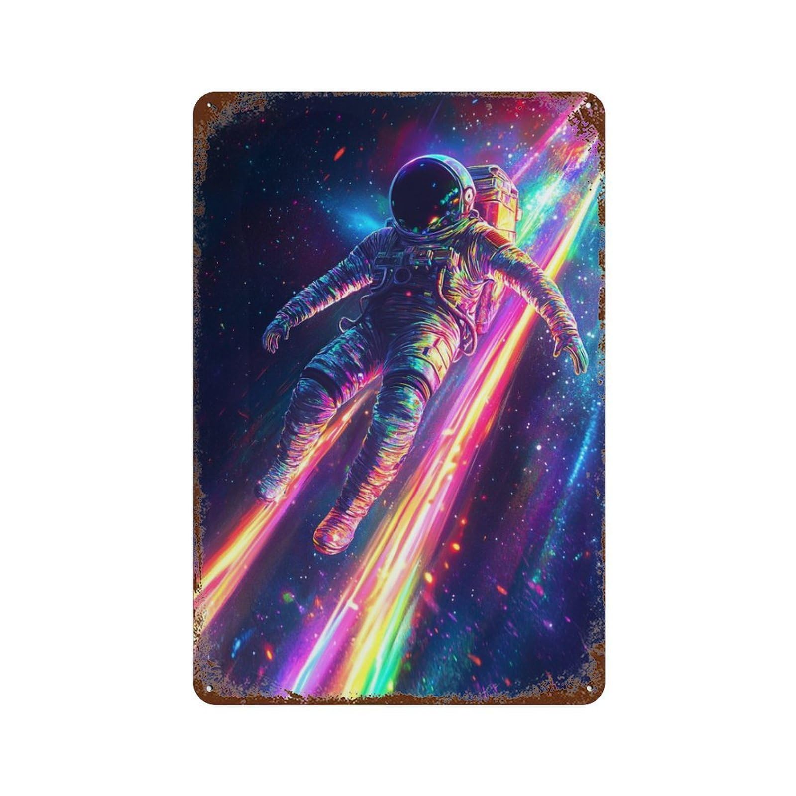 Weathered Tin Sign Neon Astronaut in Space 11.8"x7.9", Rustic Home Decor for Bistro, Counter And Cafe Decor
