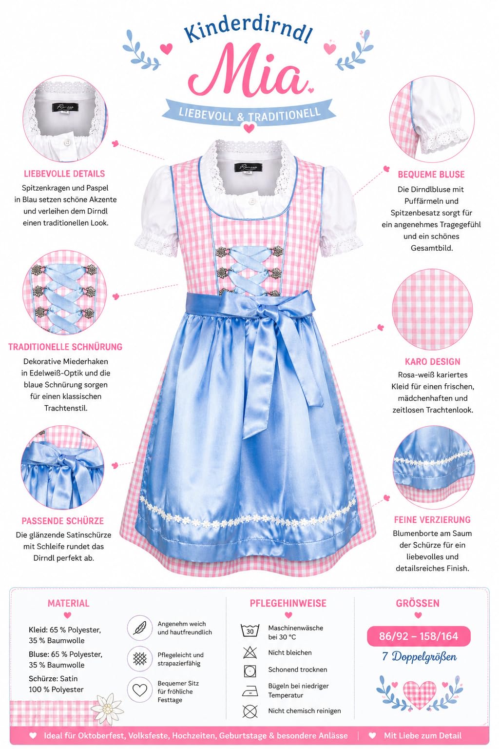 Ramona Lippert® Dziecięcy Dirndl Mia - Dirndl różowy biały w kratkę z bluzką - tradycyjny Dirndl dla dziewczynek - rozm. 110/116-158/164